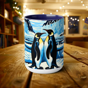 Couple Love Penguins Mug 15 oz | Woodcut Design Latte Mug Coffee Cup | Gift for Sea Mammal Lovers & Conservationists - Mug - Chromatic Safari - 15oz - Blue