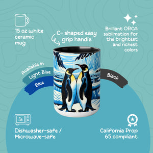 Couple Love Penguins Mug 15 oz | Woodcut Design Latte Mug Coffee Cup | Gift for Sea Mammal Lovers & Conservationists - Mug - Chromatic Safari - 15oz - Blue