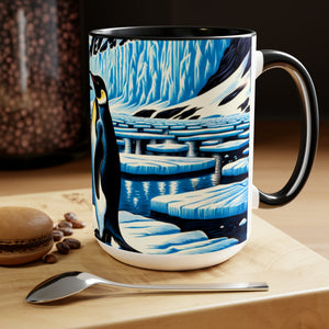 Couple Love Penguins Mug 15 oz | Woodcut Design Latte Mug Coffee Cup | Gift for Sea Mammal Lovers & Conservationists - Mug - Chromatic Safari - 15oz - Light Blue