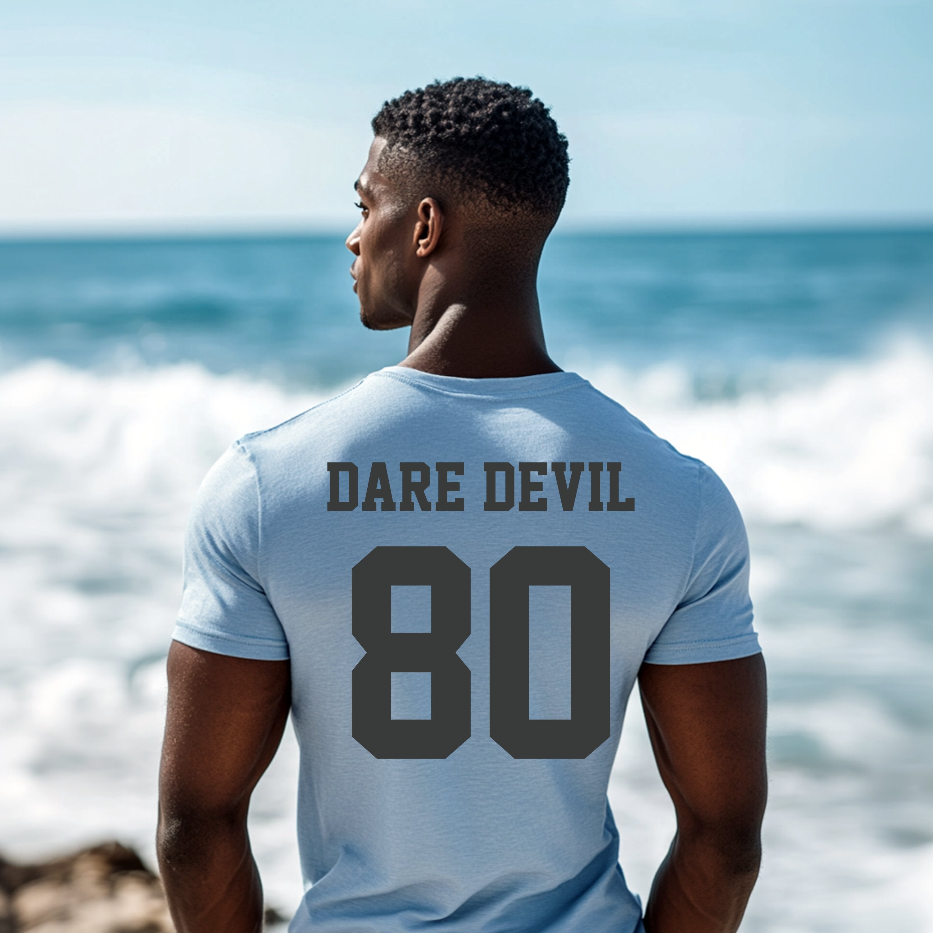 Custom Surfing Swimming Shirt, Personalized Dare Devil Beach Tee Back Print Varsity Font T-shirt, Gift for Surfers, and Swimmers - T-Shirt - Chromatic Safari - Chambray - S