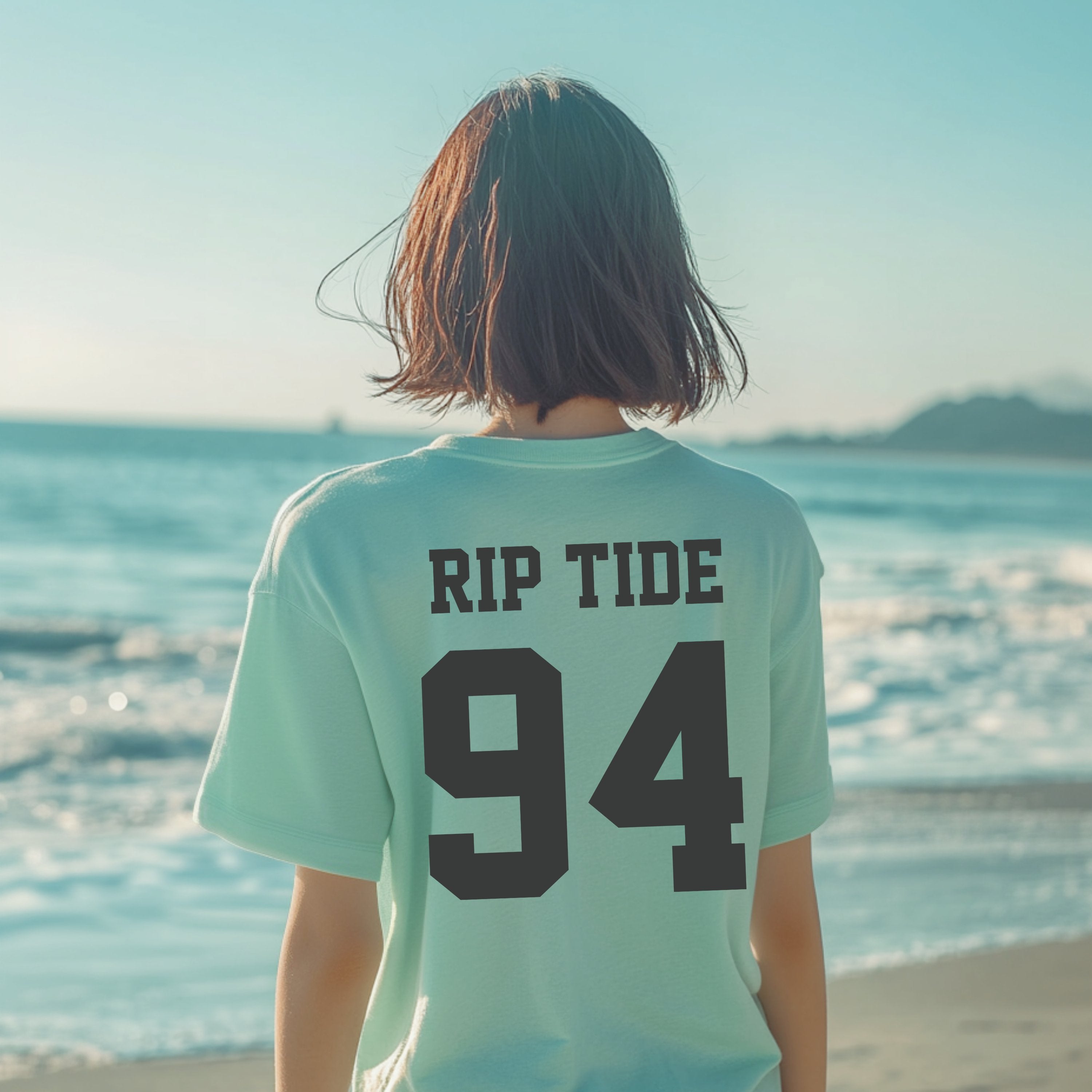 Custom Surfing Water Sports Shirt, Personalized Rip Tide Beach Tee Back Print Varsity Font T-shirt, Gift for Surfers, and Swimmers - T-Shirt - Chromatic Safari - Chalky Mint - S