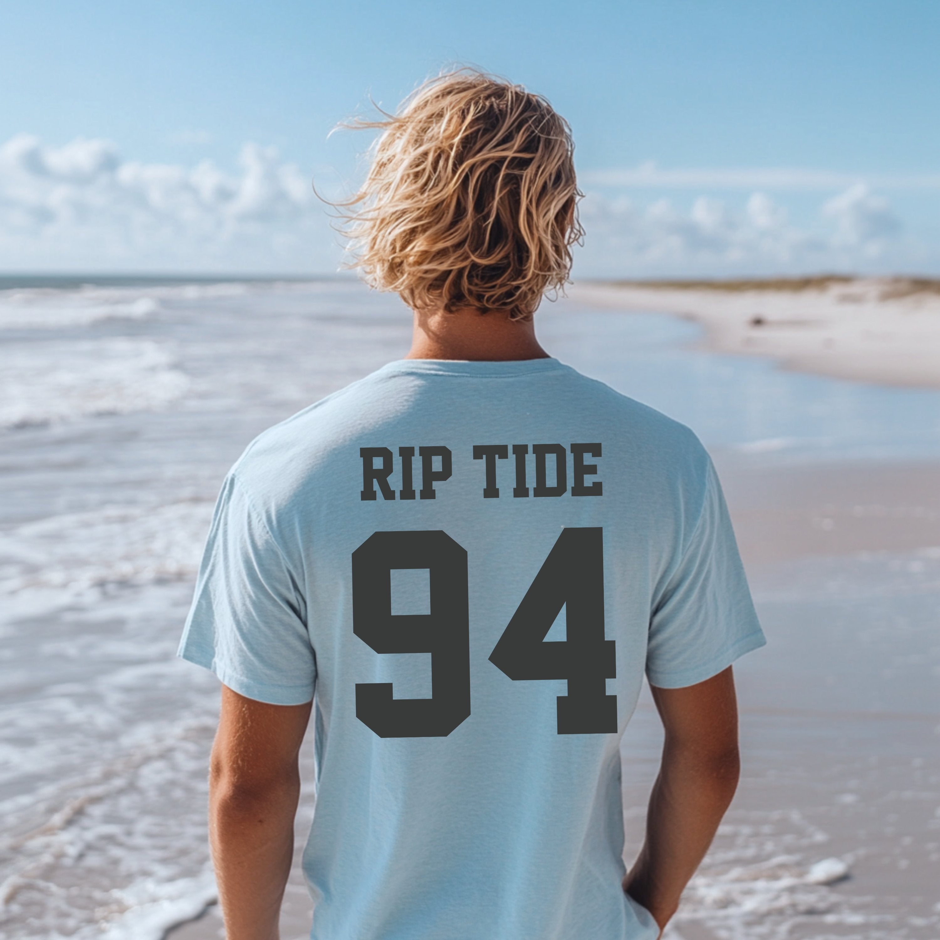 Custom Surfing Water Sports Shirt, Personalized Rip Tide Beach Tee Back Print Varsity Font T-shirt, Gift for Surfers, and Swimmers - T-Shirt - Chromatic Safari - Chambray - S