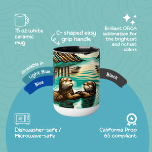 Cute Couple Otter Mug, Ocean Conservation Gift 15 oz Ceramic Coffee Cup, For Sea Mammal Enthusiasts Divers & Conservationists - Mug - Chromatic Safari - 15oz - Blue