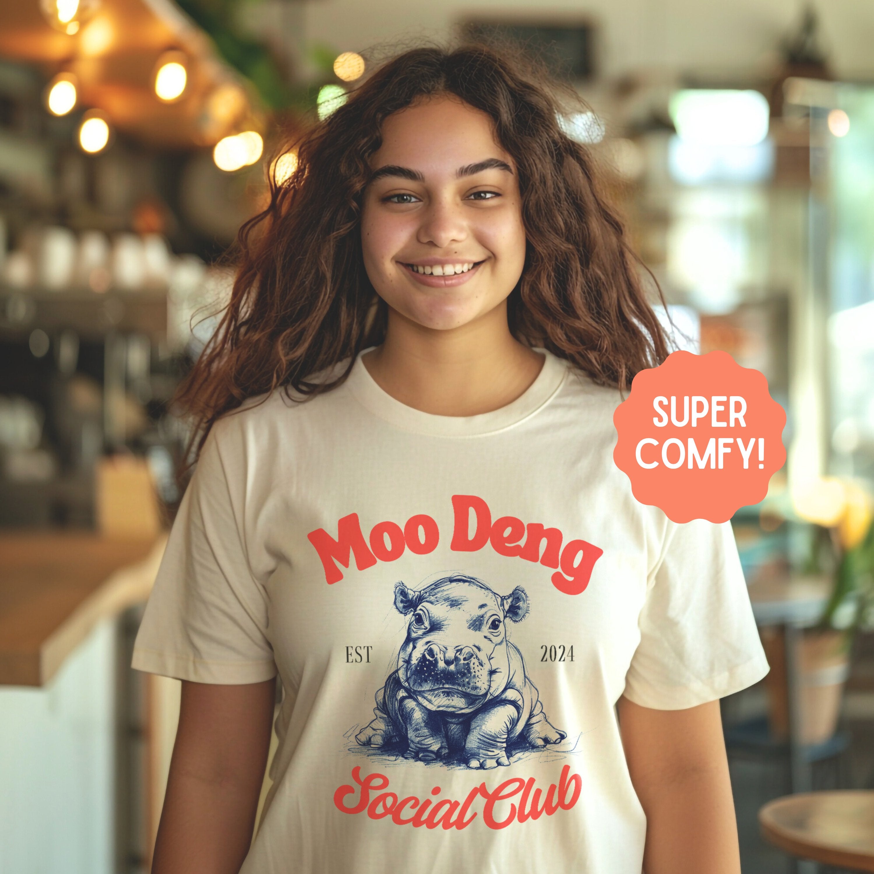 Cute Moo Deng Bouncing Pork Shirt, Animal Lover Social Club EST 2024, Hippopotamus Gift For Her - T-Shirt - Chromatic Safari - Ivory - S