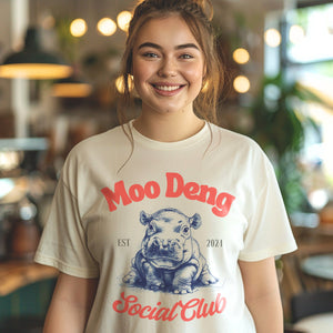 Cute Moo Deng Bouncing Pork Shirt, Animal Lover Social Club EST 2024, Hippopotamus Gift For Her - T-Shirt - Chromatic Safari - Ivory - S