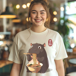 Cute Moo Deng Noodles Shirt, Animal Lover Hippopotamus Social Club EST 2024 Tshirt, Gift For Her - T-Shirt - Chromatic Safari - Ivory - S