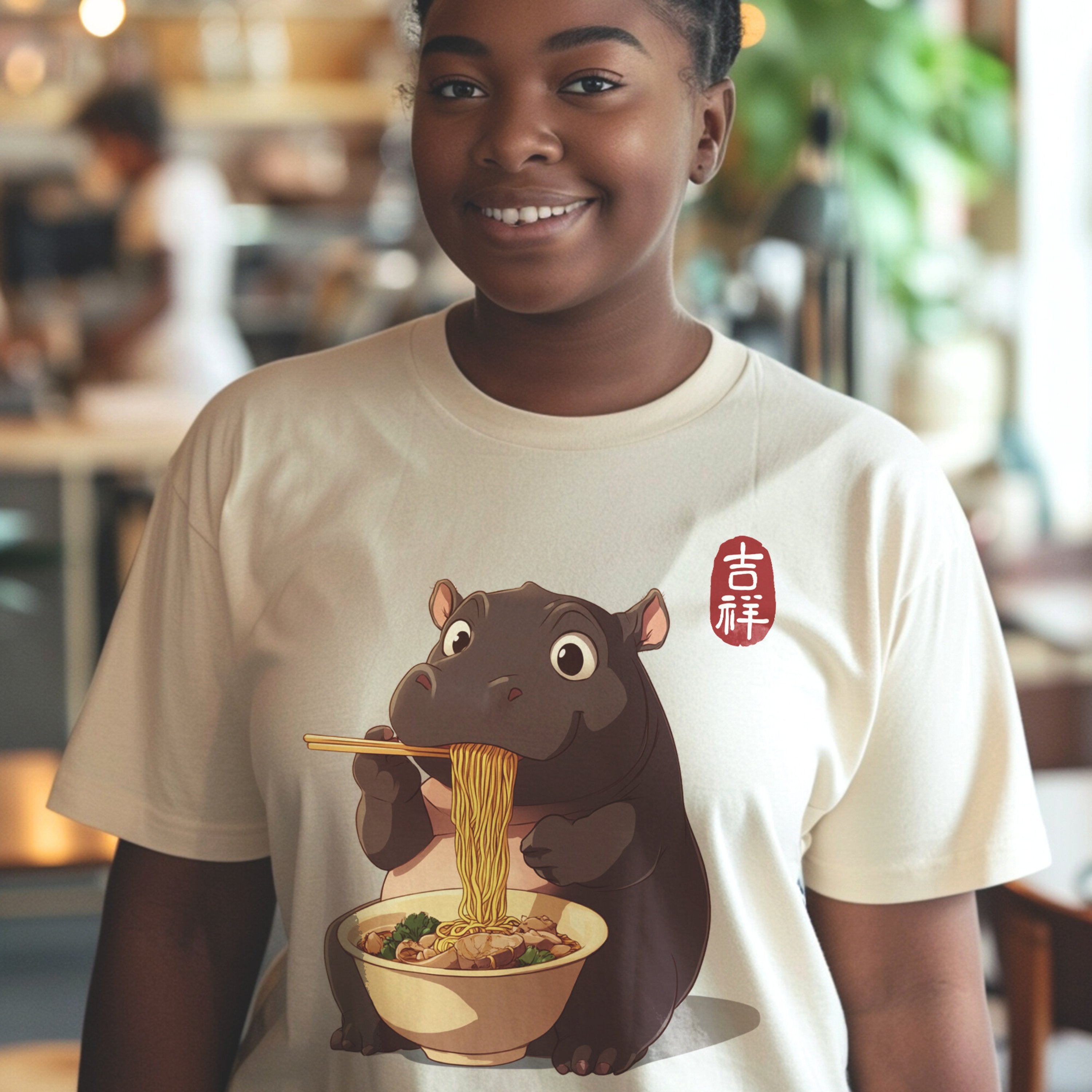 Cute Moo Deng Noodles Shirt, Animal Lover Hippopotamus Social Club EST 2024 Tshirt, Gift For Her - T-Shirt - Chromatic Safari - Ivory - S