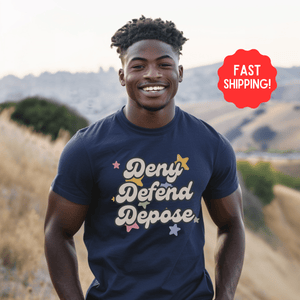 Deny Defend Depose Shirt, Anti Capitalism Progressive Top, Healthcare Reform Activism Tee, Gift For Activist - T-Shirt - Chromatic Safari - True Navy - S