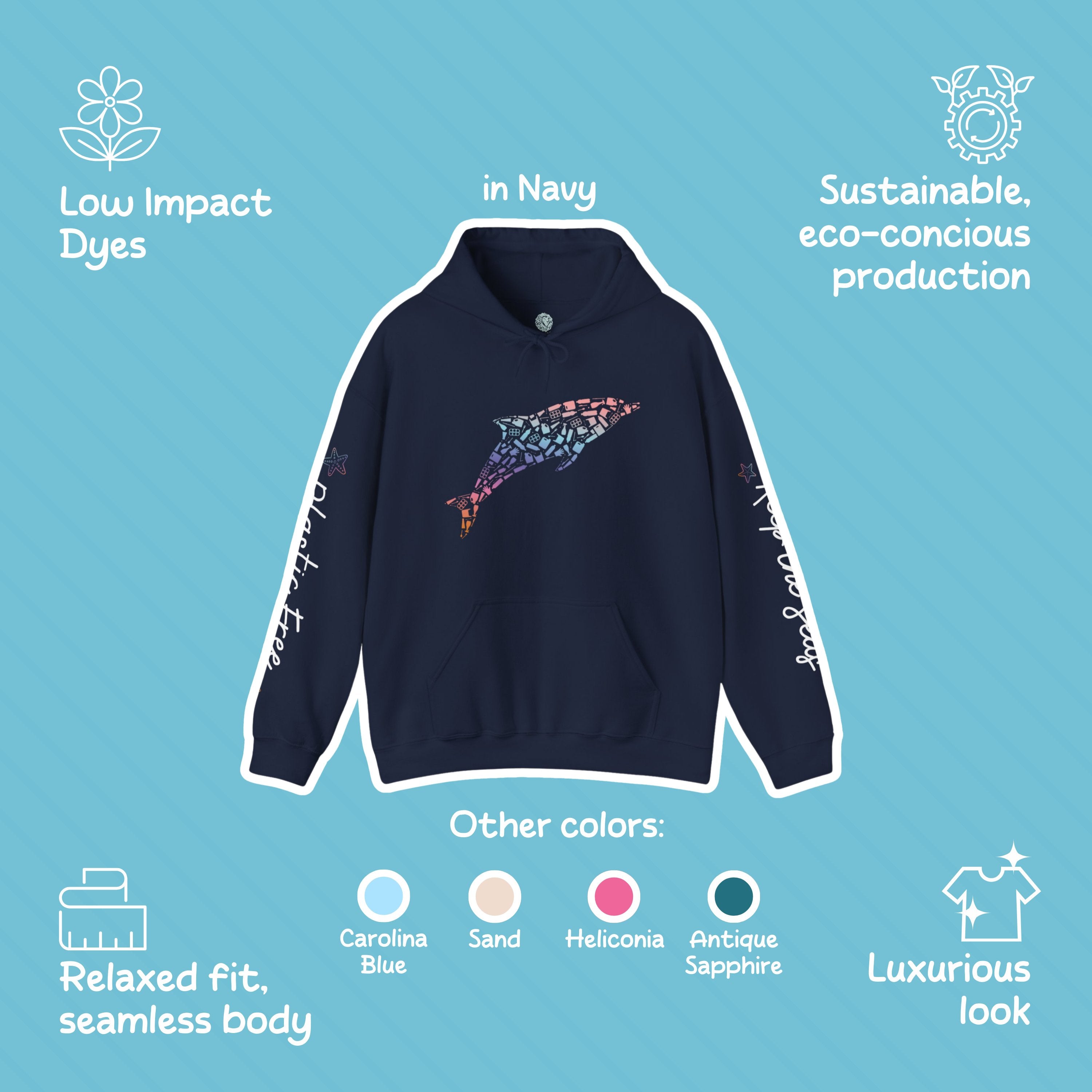 Dolphin Hoodie Eco-Friendly, Artistic Sweatshirt for Marine Life Enthusiasts, Scuba Divers, Surfers Gift for Ocean Conservation Supporters - Chromatic Safari - Navy - S