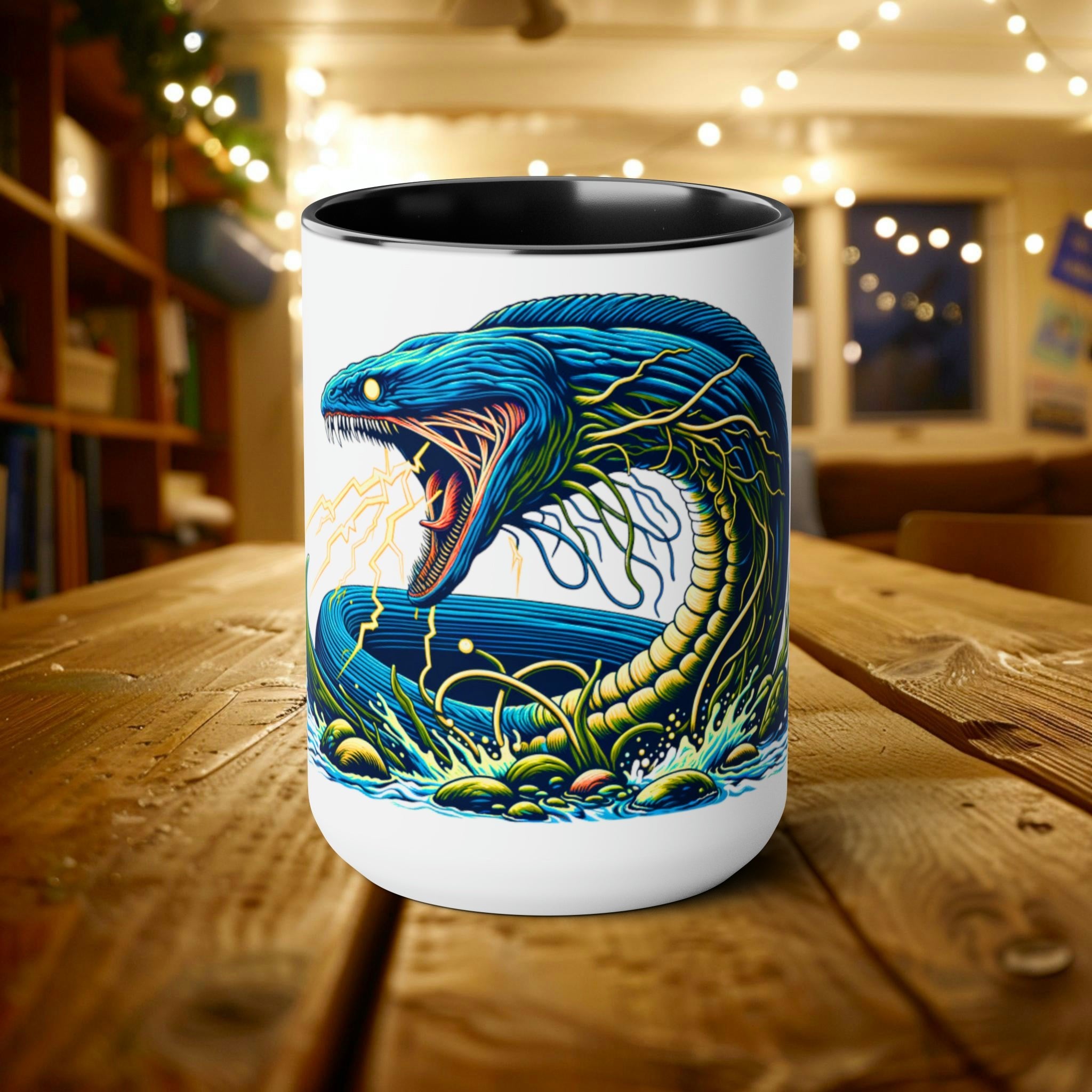 Electric Eel Woodcut 15 oz Ceramic Mug | Unique Handcrafted Coffee Cup | Gift for Sea Mammal Lovers & Conservationists - Mug - Chromatic Safari - 15oz - Black