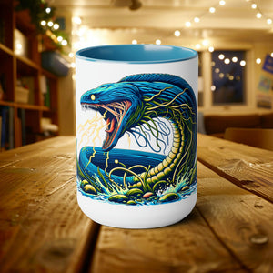 Electric Eel Woodcut 15 oz Ceramic Mug | Unique Handcrafted Coffee Cup | Gift for Sea Mammal Lovers & Conservationists - Mug - Chromatic Safari - 15oz - Light Blue