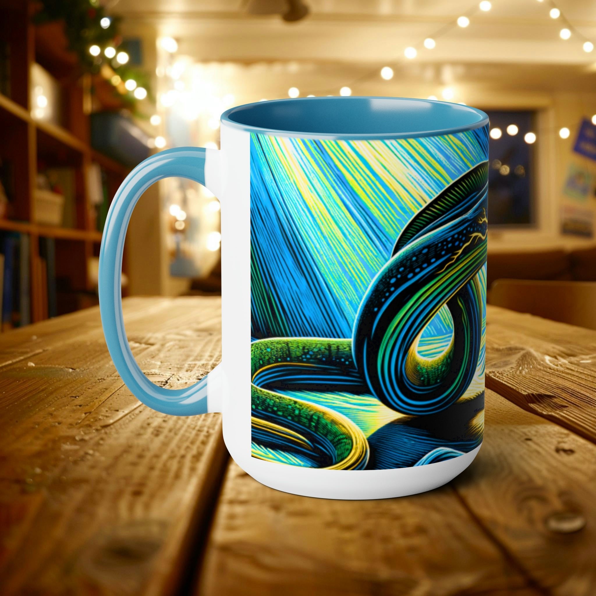 Electric Eel Woodcut 15 oz Mug | Unique Handcrafted Coffee Cup | Sea Mammal Lover & Conservationist Gift - Mug - Chromatic Safari - 15oz - Blue