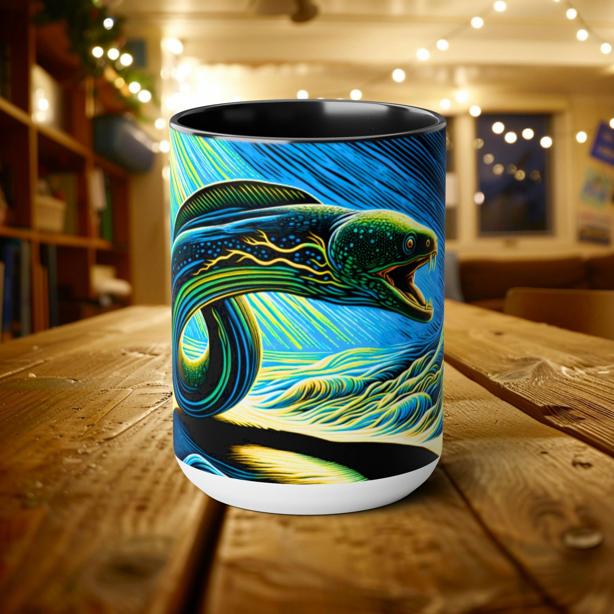 Electric Eel Woodcut 15 oz Mug | Unique Handcrafted Coffee Cup | Sea Mammal Lover & Conservationist Gift - Mug - Chromatic Safari - 15oz - Black