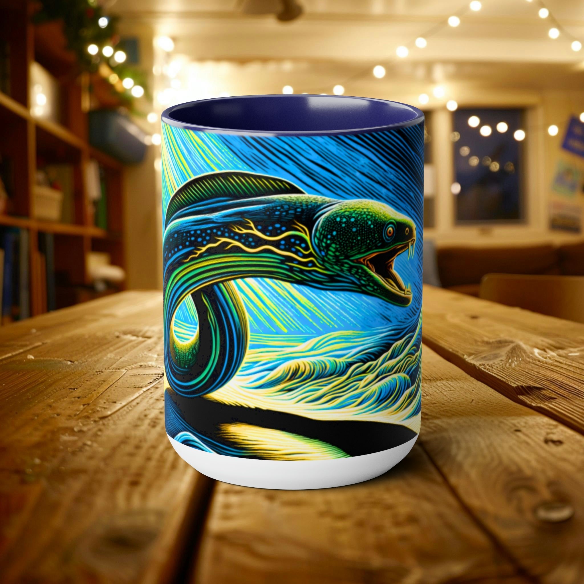 Electric Eel Woodcut 15 oz Mug | Unique Handcrafted Coffee Cup | Sea Mammal Lover & Conservationist Gift - Mug - Chromatic Safari - 15oz - Blue