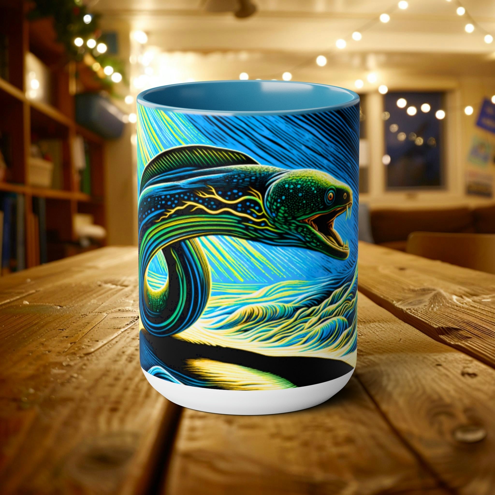 Electric Eel Woodcut 15 oz Mug | Unique Handcrafted Coffee Cup | Sea Mammal Lover & Conservationist Gift - Mug - Chromatic Safari - 15oz - Light Blue