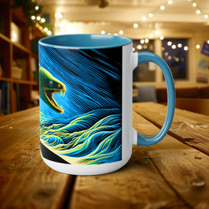 Electric Eel Woodcut 15 oz Mug | Unique Handcrafted Coffee Cup | Sea Mammal Lover & Conservationist Gift - Mug - Chromatic Safari - 15oz - Blue