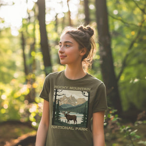 Elk Rocky Mountain National Parks Shirt, Colorado Camping Gift Mountain Tee Outdoor Lover Adventure Tshirt, Gift For Camper, Hiking Gift - T-Shirt - Chromatic Safari - Moss - S