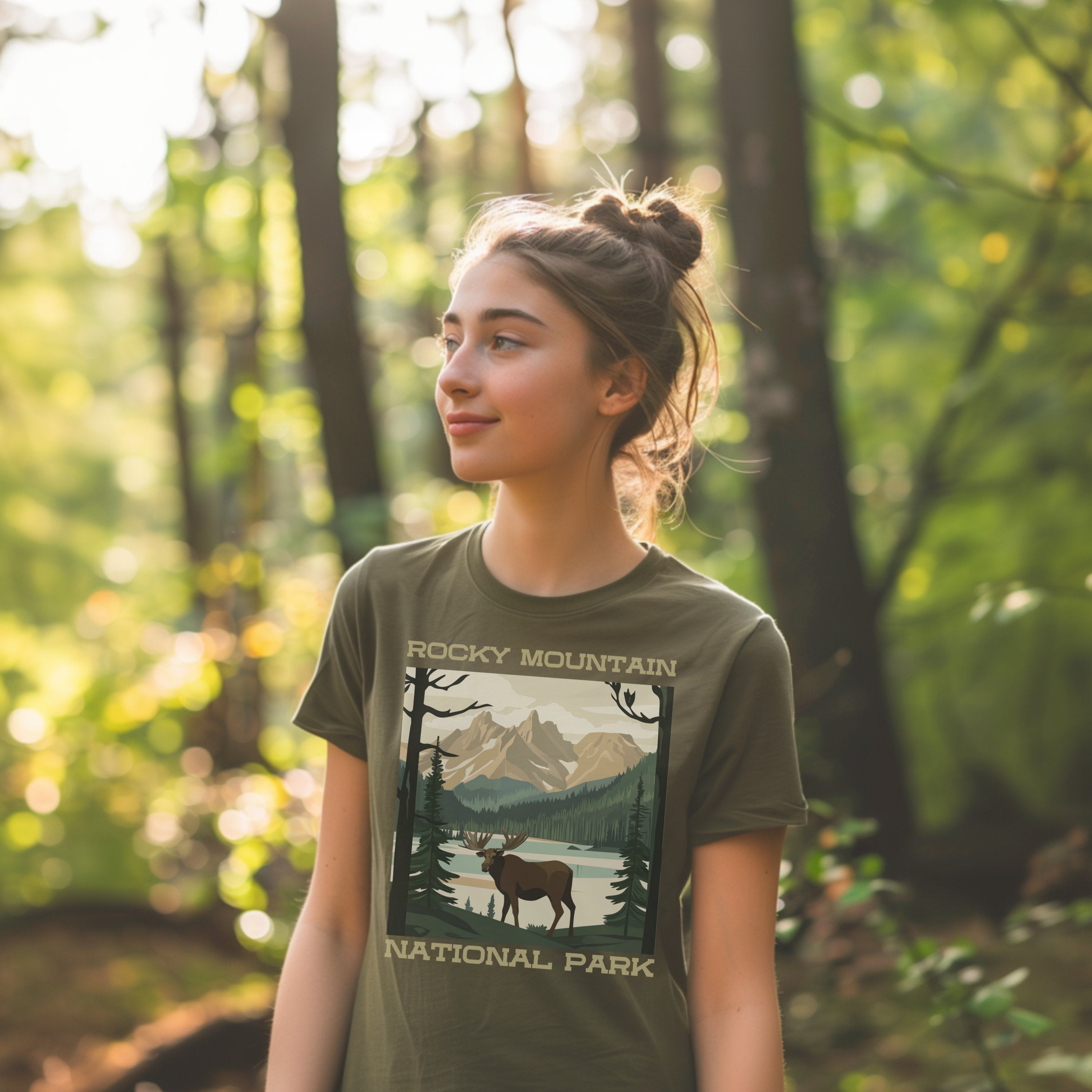 Elk Rocky Mountain National Parks Shirt, Colorado Camping Gift Mountain Tee Outdoor Lover Adventure Tshirt, Gift For Camper, Hiking Gift - T-Shirt - Chromatic Safari - Moss - S