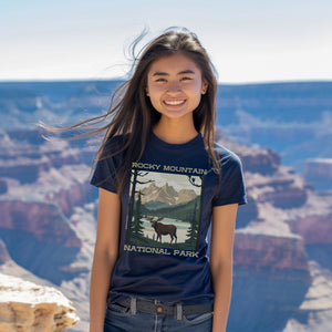 Elk Rocky Mountain National Parks Shirt, Colorado Camping Gift Mountain Tee Outdoor Lover Adventure Tshirt, Gift For Camper, Hiking Gift - T-Shirt - Chromatic Safari - True Navy - S