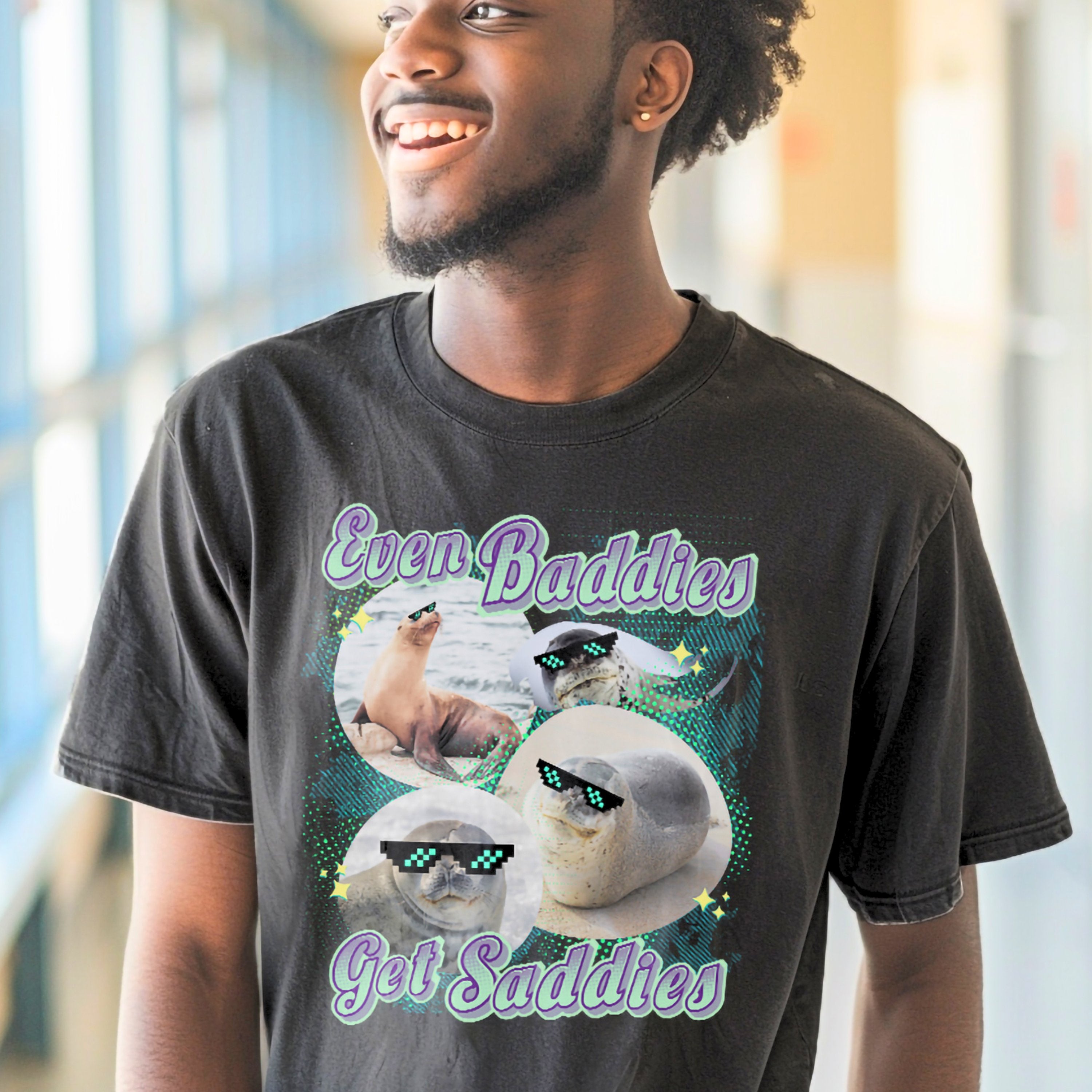 Even Baddies Get Saddies Rap Tee Seal Retro Vintage Shirt, Marine Biology Fun Bootleg Shirt, Gift for Boyfriend or Girlfriend Seal Lover - T - Shirt - Chromatic Safari - Pepper - S
