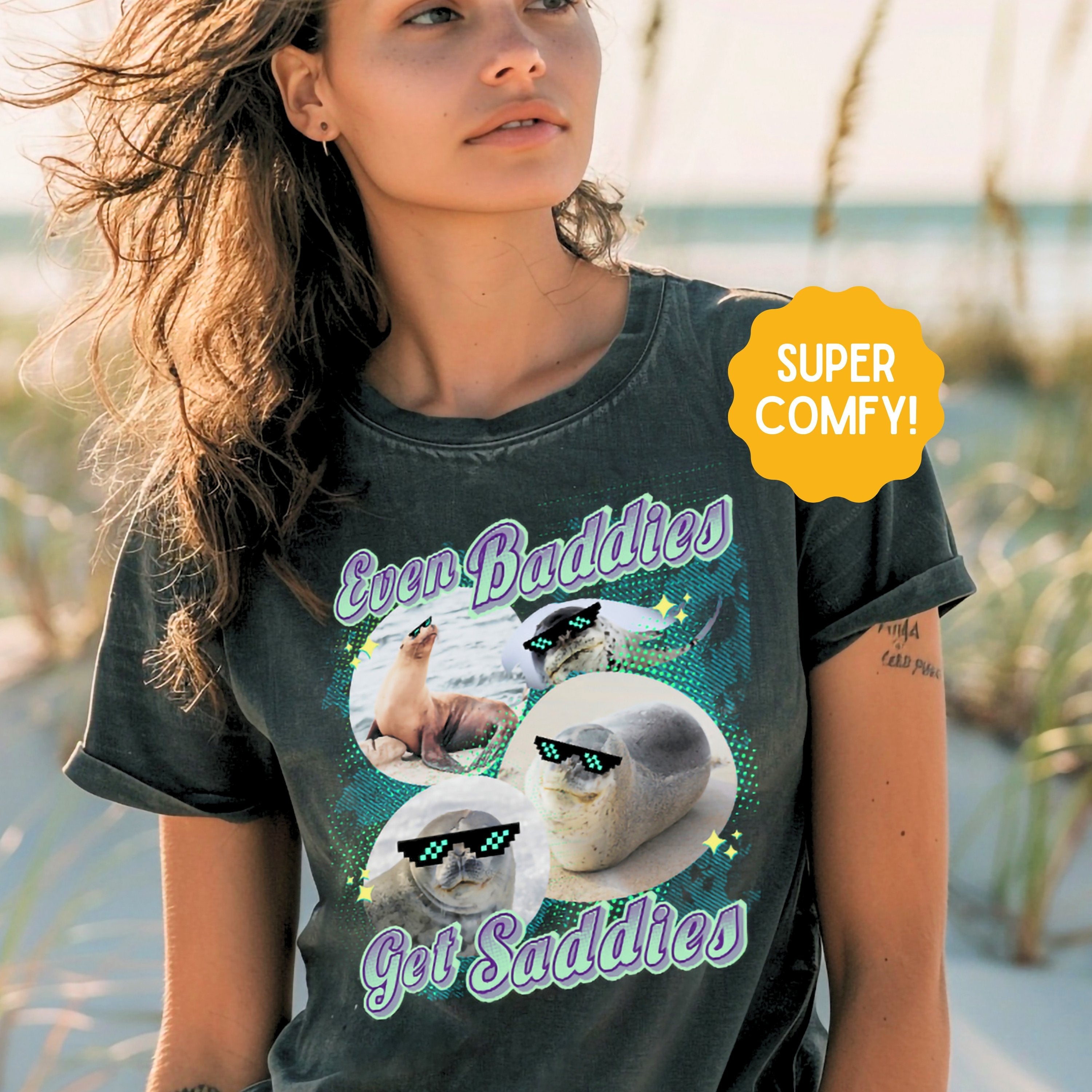 Even Baddies Get Saddies Rap Tee Seal Retro Vintage Shirt, Marine Biology Fun Bootleg Shirt, Gift for Boyfriend or Girlfriend Seal Lover - T - Shirt - Chromatic Safari - Pepper - S