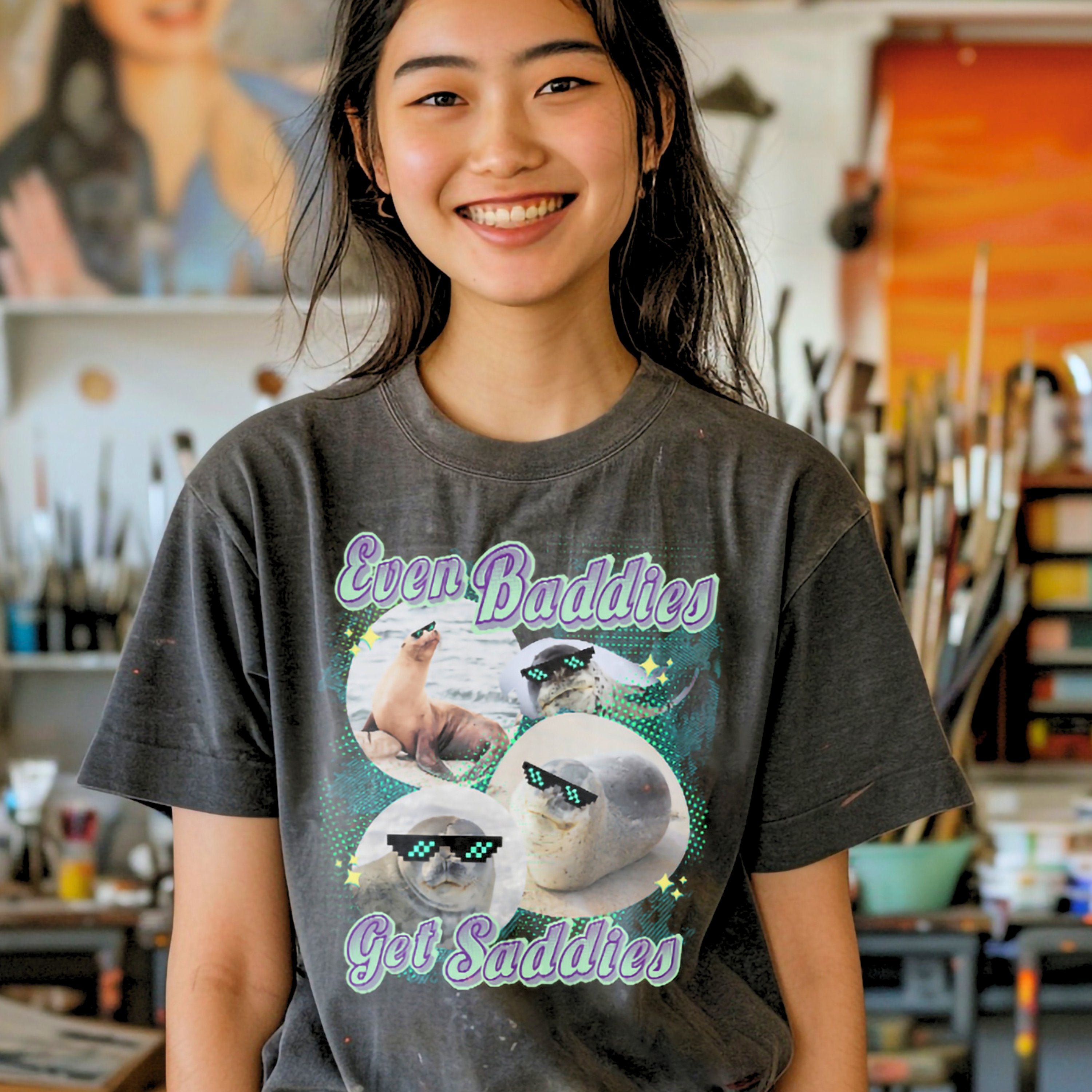 Even Baddies Get Saddies Rap Tee Seal Retro Vintage Shirt, Marine Biology Fun Bootleg Shirt, Gift for Boyfriend or Girlfriend Seal Lover - T - Shirt - Chromatic Safari - Pepper - S