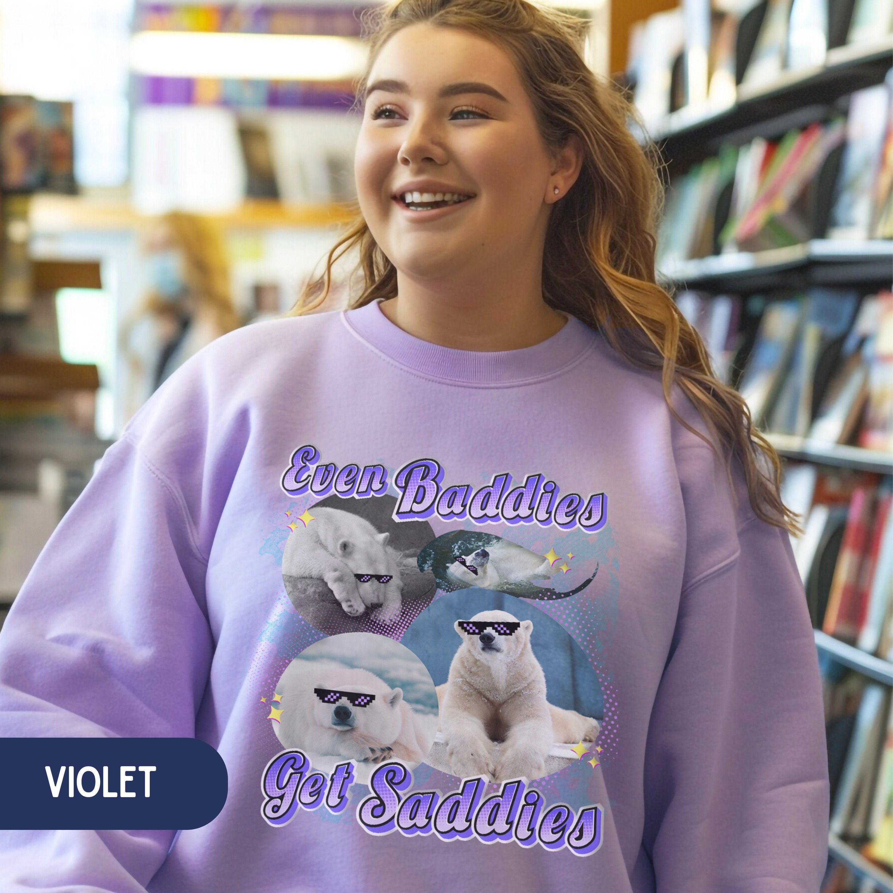 Even Baddies Polar Bear Vintage Sweatshirt, Marine Biology Fun Bootleg Shirt Pullover, Gift for Bear Lover - Sweatshirt - Chromatic Safari - Violet - S