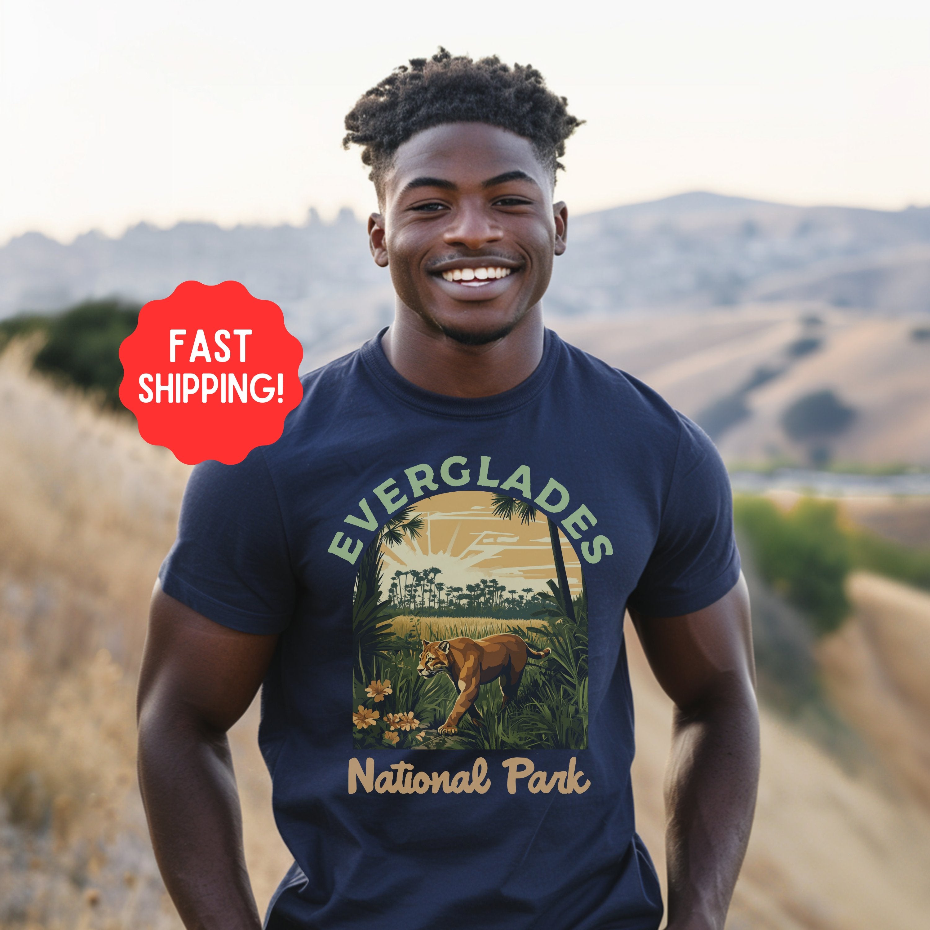 Everglades FL Vintage National Parks Shirt, Camping Gift Mountain Tee Outdoor Lover Adventure Shirt, For Campers - T-Shirt - Chromatic Safari - True Navy - S