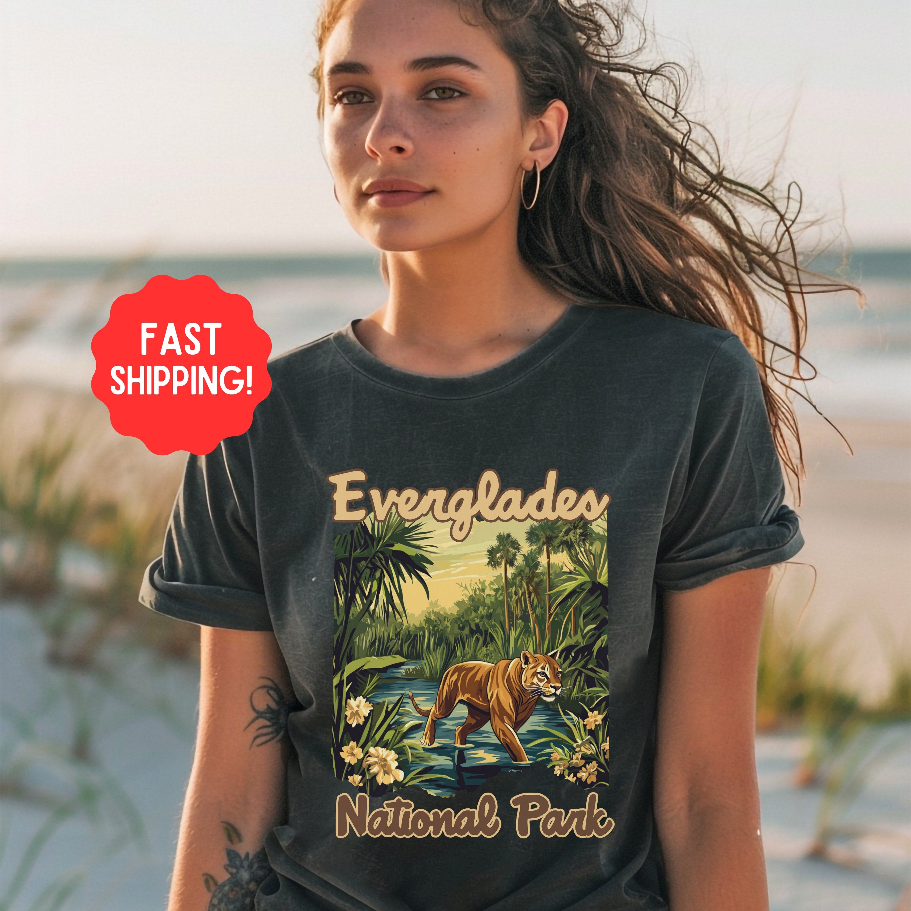 Everglades Vintage National Parks Florida Shirt, Camping Gift Mountain Tee Outdoor Lover Adventure Tshirt, Outdoor Lover Gift - T-Shirt - Chromatic Safari - Pepper - S