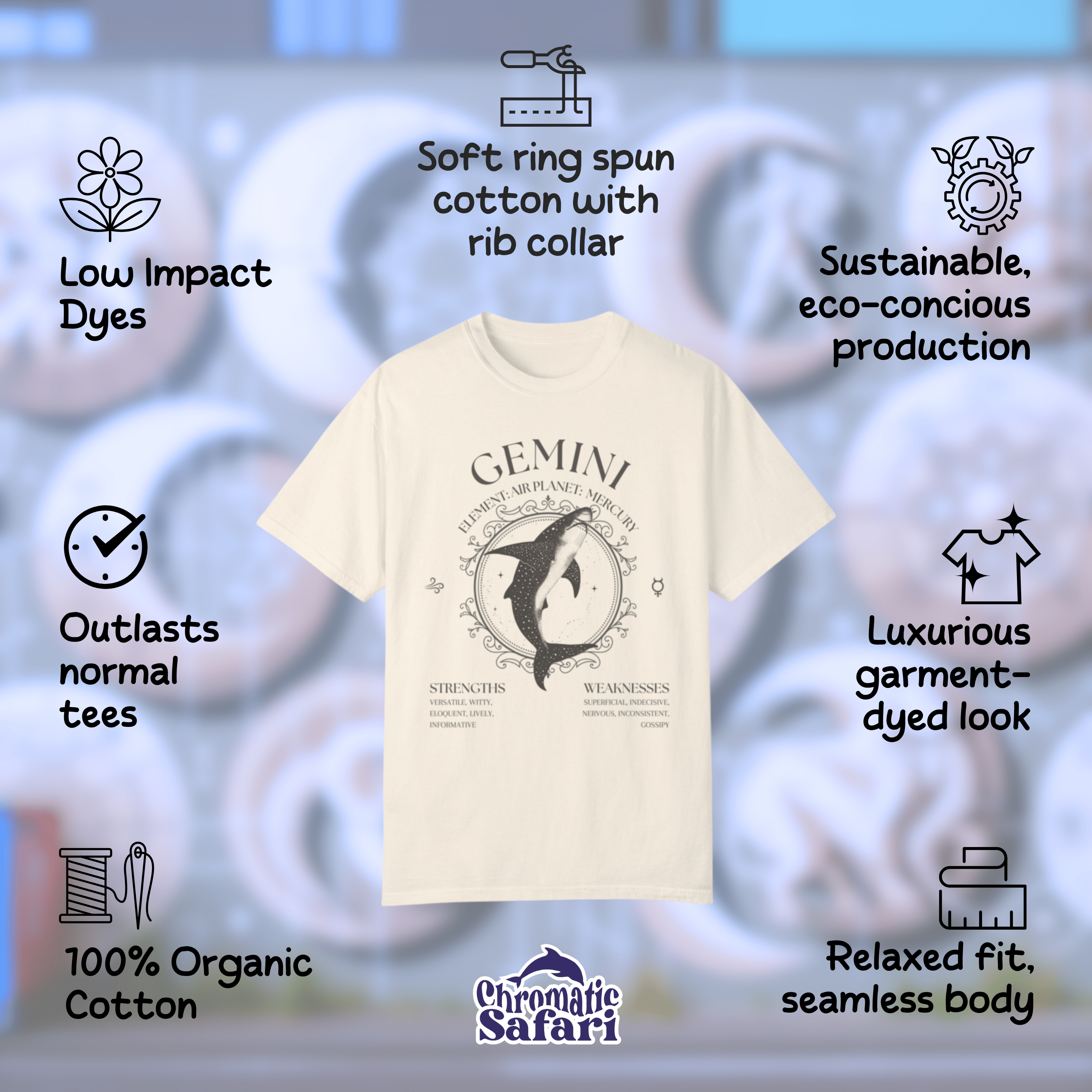 Gemini Shirt, Mystical Whale Shark Zodiac Sign, Astrological Birthday Sign Tee, Boho Astrology Gifts - T-Shirt - Chromatic Safari - Chambray - S
