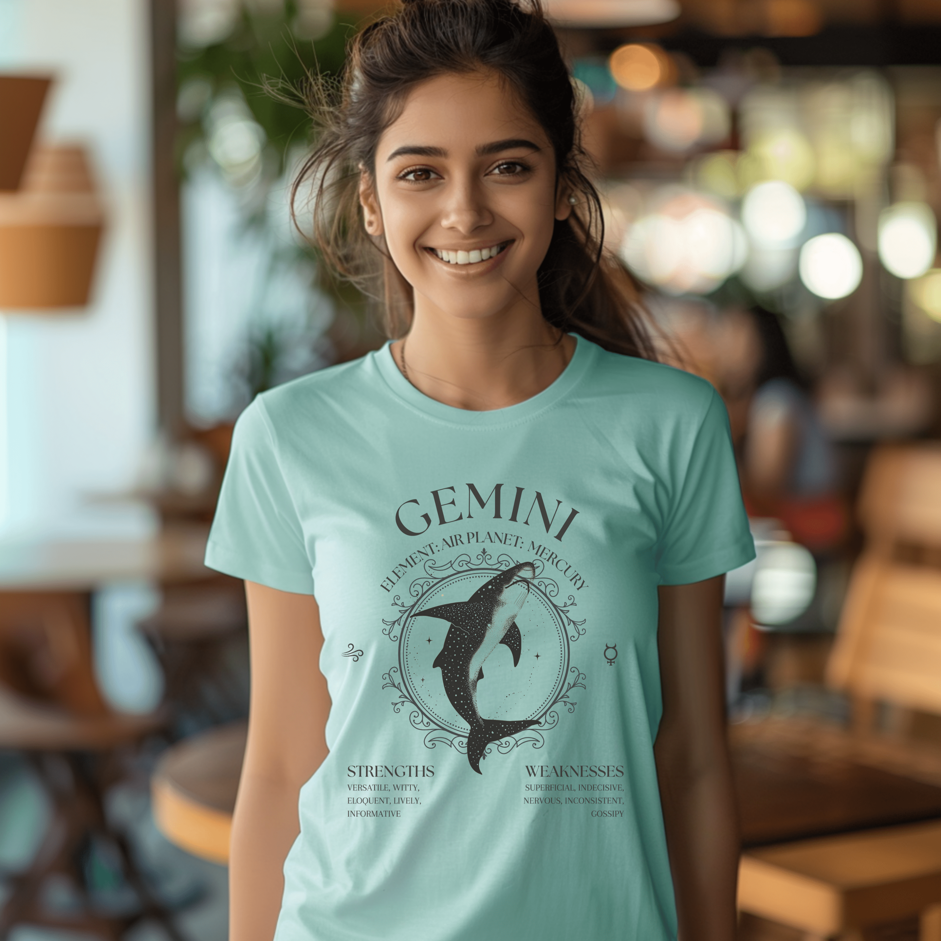Gemini Shirt, Mystical Whale Shark Zodiac Sign, Astrological Birthday Sign Tee, Boho Astrology Gifts - T-Shirt - Chromatic Safari - Chalky Mint - S