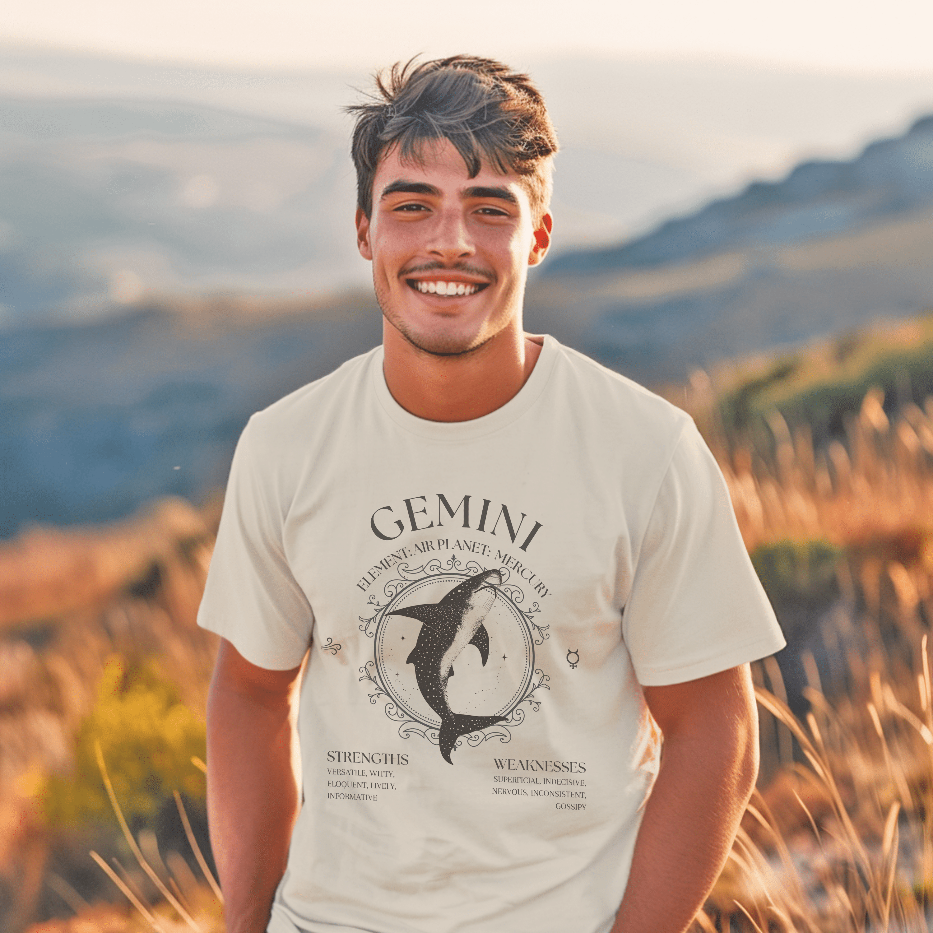 Gemini Shirt, Mystical Whale Shark Zodiac Sign, Astrological Birthday Sign Tee, Boho Astrology Gifts - T-Shirt - Chromatic Safari - Ivory - S