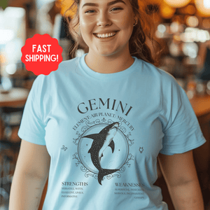 Gemini Shirt, Mystical Whale Shark Zodiac Sign, Astrological Birthday Sign Tee, Boho Astrology Gifts - T-Shirt - Chromatic Safari - Chambray - S