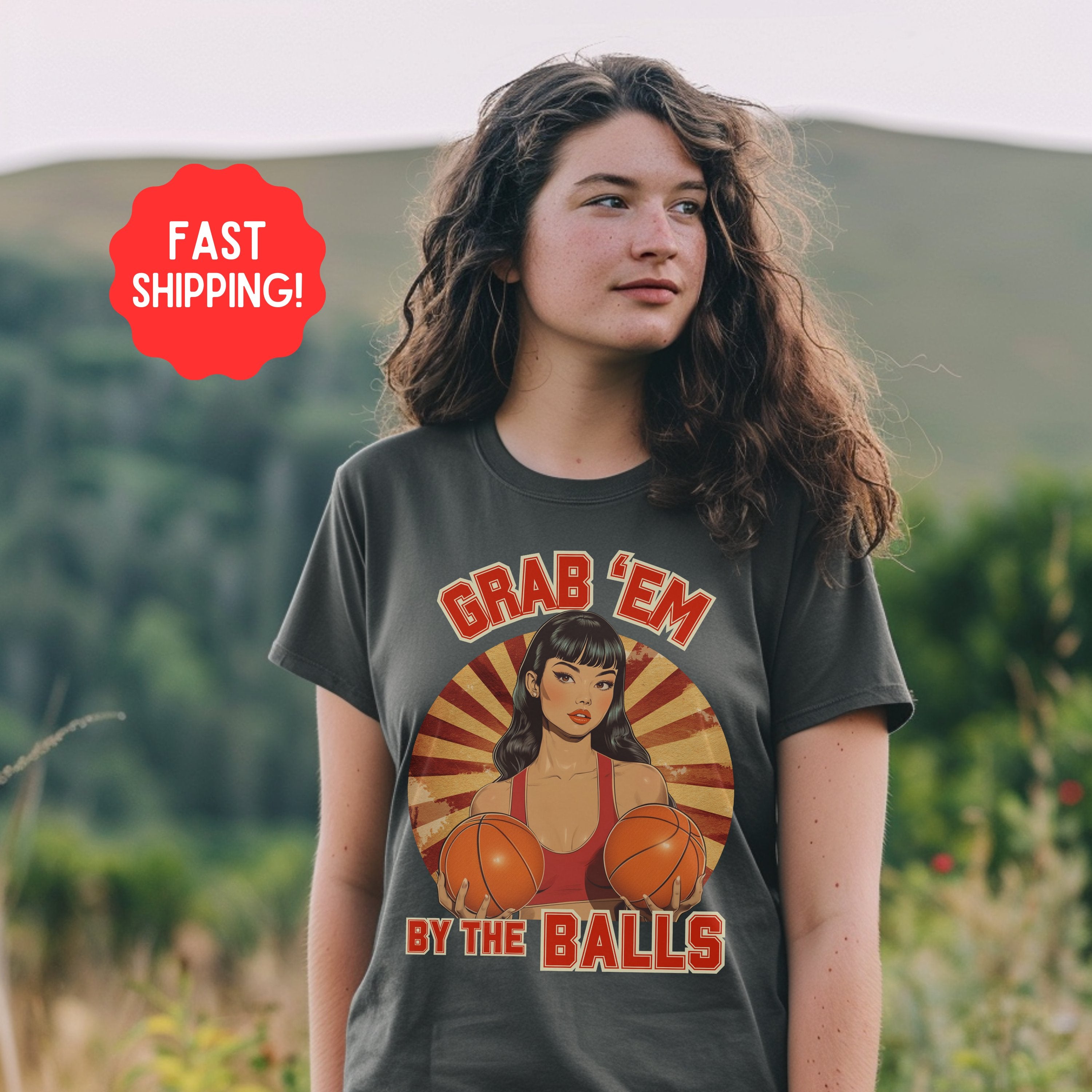 Grab 'Em By The Balls Sporty Retro Vintage Pin Up Shirt, Smash The Patriarchy, Feminist Womens Rights Awareness Tee, Gift for Activist, Gift For Her - T-Shirt - Chromatic Safari - Pepper - S