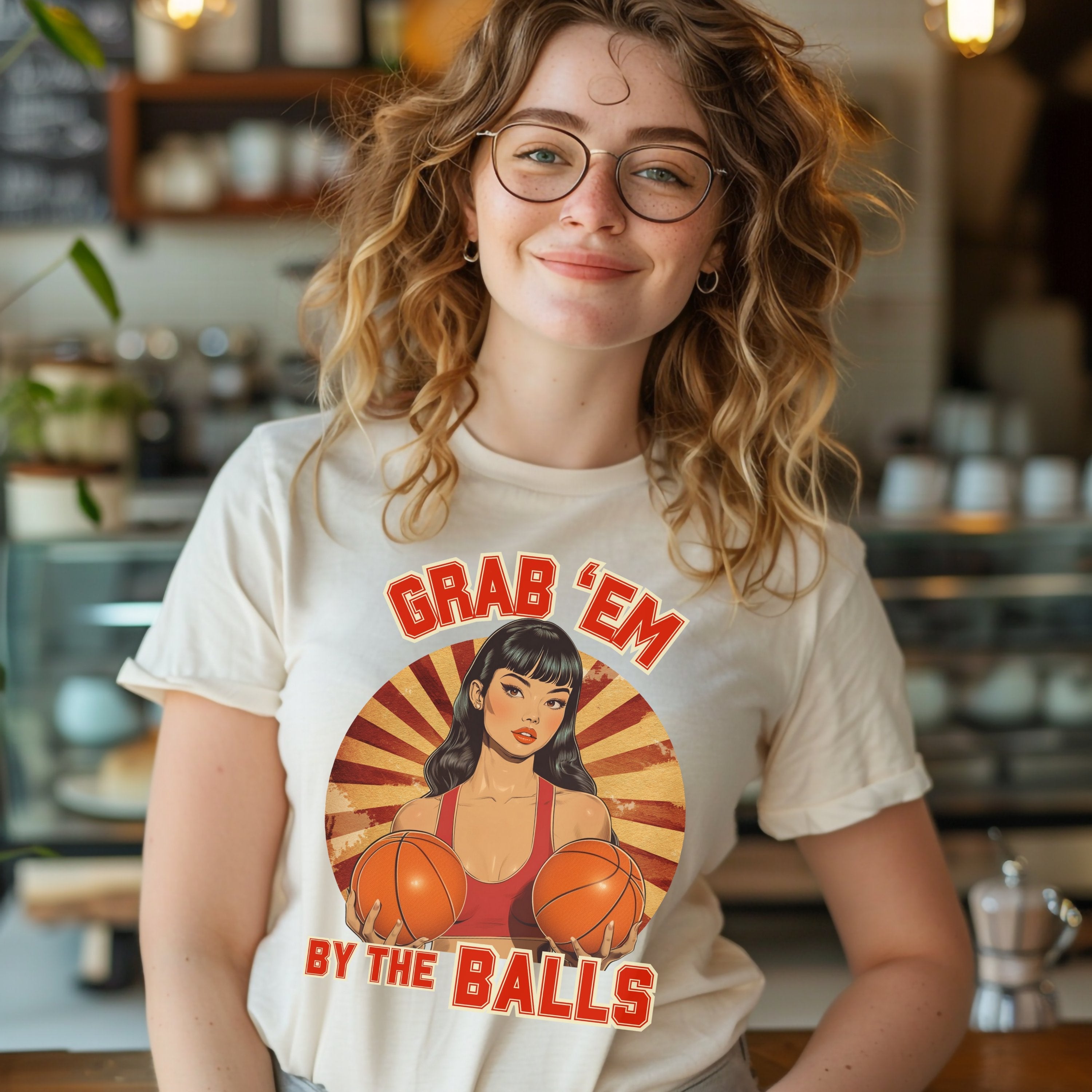 Grab 'Em By The Balls Sporty Retro Vintage Pin Up Shirt, Smash The Patriarchy, Feminist Womens Rights Awareness Tee, Gift for Activist, Gift For Her - T-Shirt - Chromatic Safari - Ivory - S