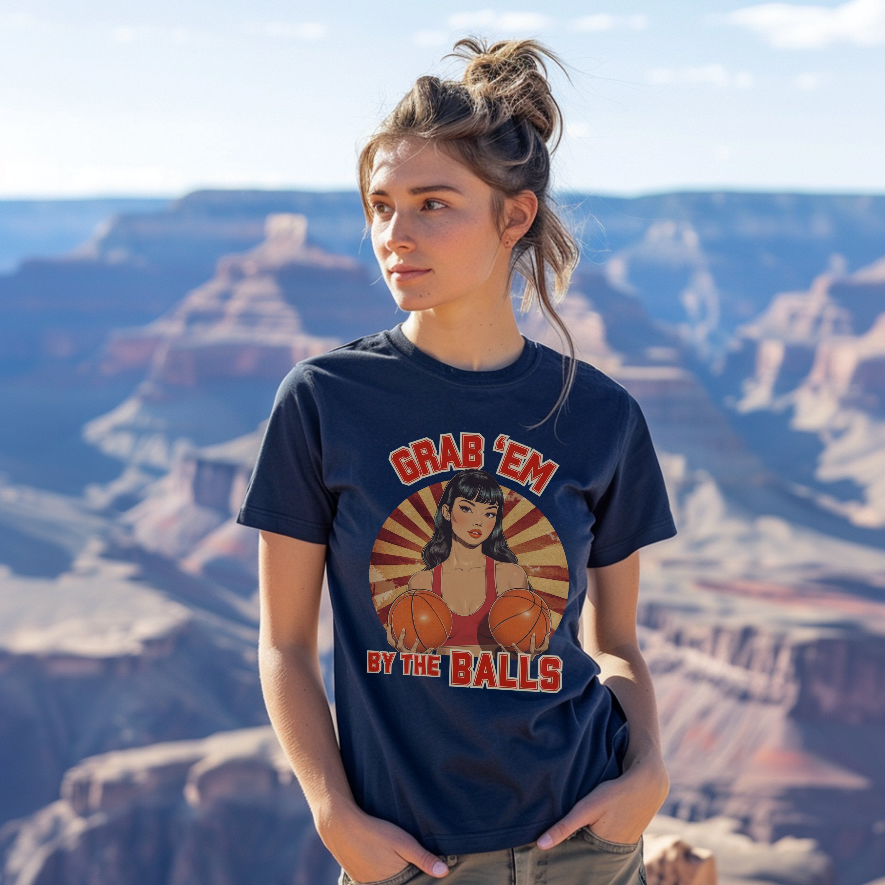 Grab 'Em By The Balls Sporty Retro Vintage Pin Up Shirt, Smash The Patriarchy, Feminist Womens Rights Awareness Tee, Gift for Activist, Gift For Her - T-Shirt - Chromatic Safari - True Navy - S