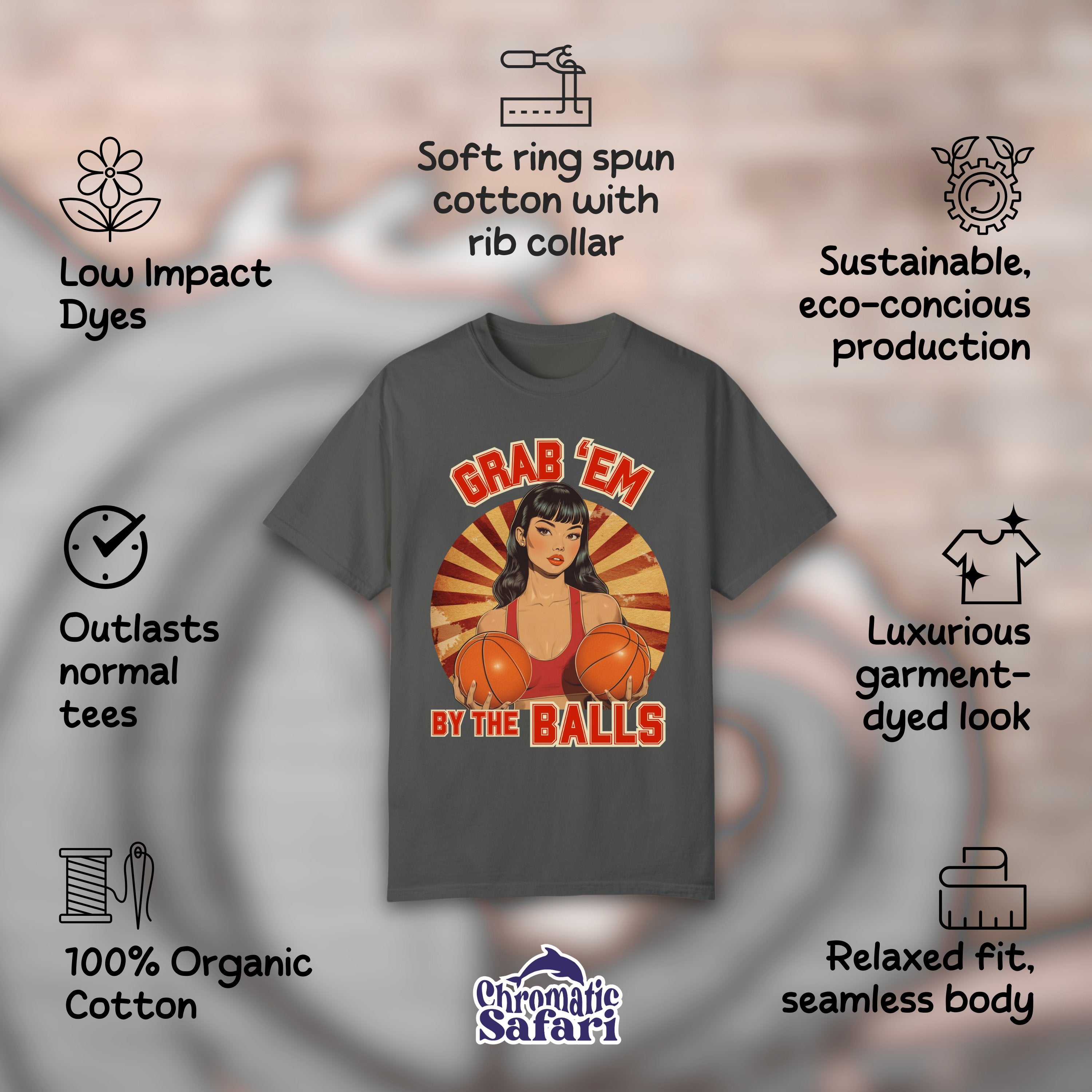 Grab 'Em By The Balls Sporty Retro Vintage Pin Up Shirt, Smash The Patriarchy, Feminist Womens Rights Awareness Tee, Gift for Activist, Gift For Her - T-Shirt - Chromatic Safari - Pepper - S
