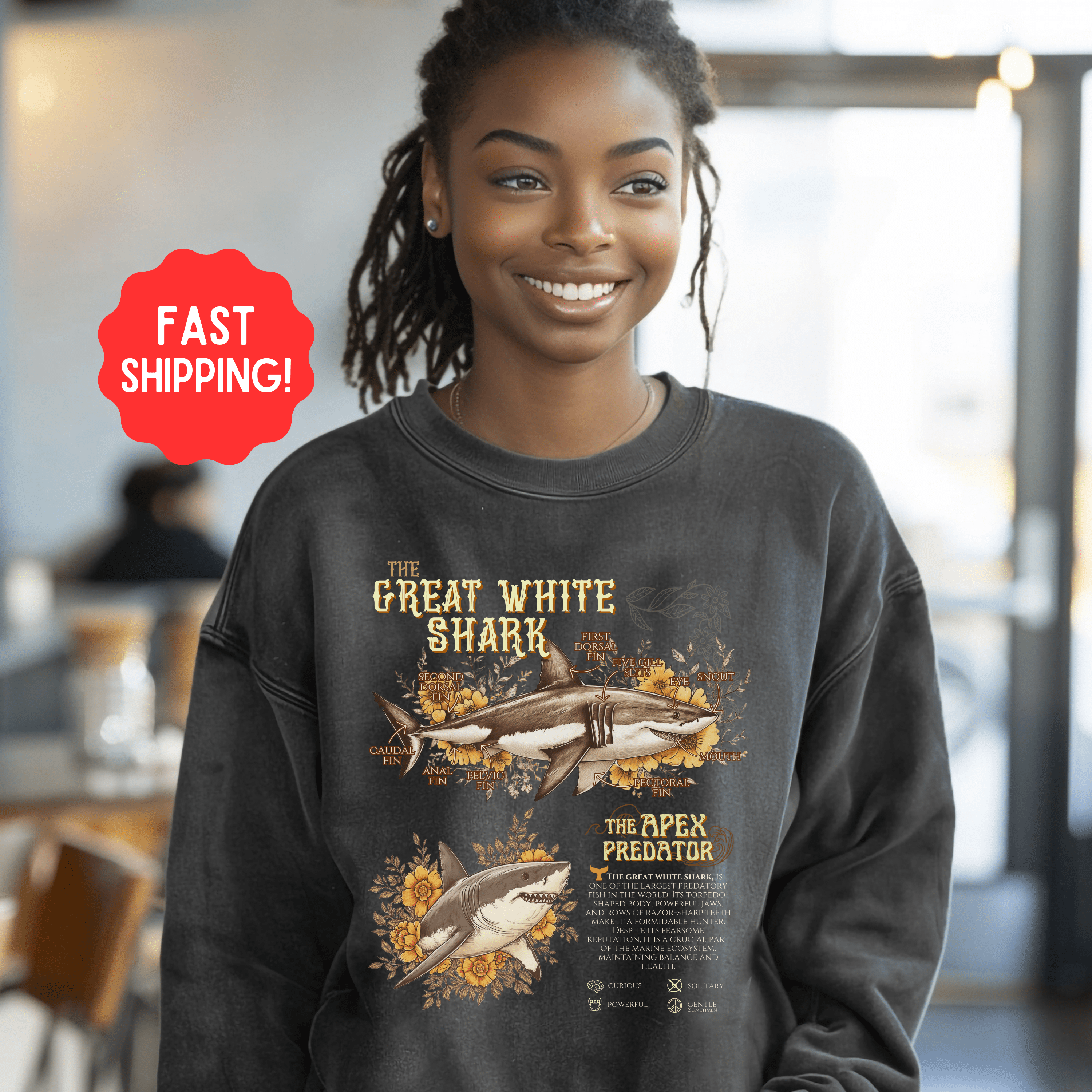 Great White Shark Anatomy Sweatshirt, Vintage Marine Animal Tee, Shark Lover Pullover Gift, Gift For Divers or Biologist - Sweatshirt - Chromatic Safari - Charcoal - S