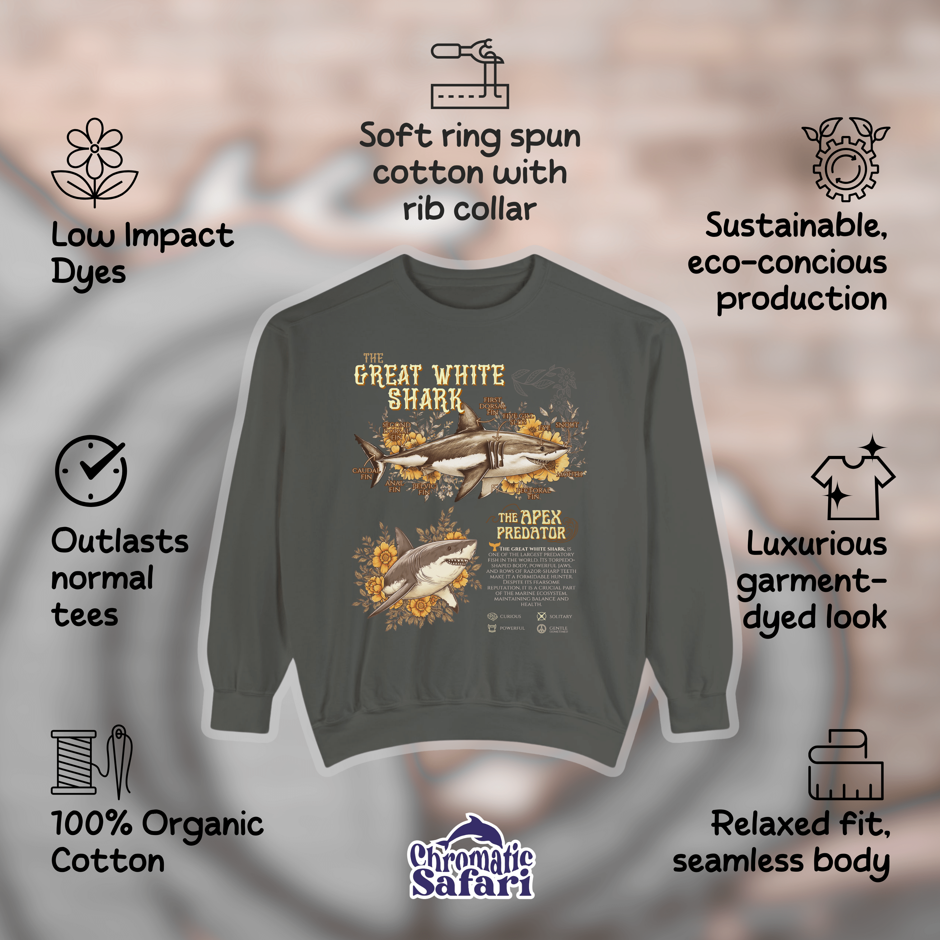 Great White Shark Anatomy Sweatshirt, Vintage Marine Animal Tee, Shark Lover Pullover Gift, Gift For Divers or Biologist - Sweatshirt - Chromatic Safari - Charcoal - S