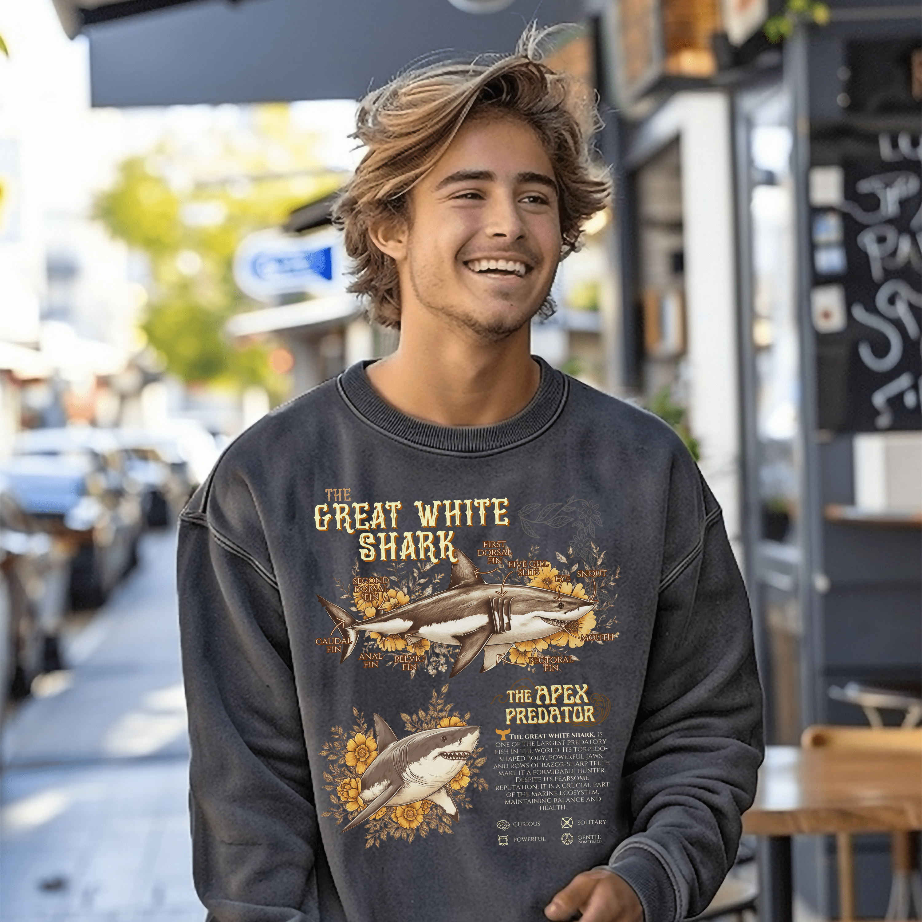 Great White Shark Anatomy Sweatshirt, Vintage Marine Animal Tee, Shark Lover Pullover Gift, Gift For Divers or Biologist - Sweatshirt - Chromatic Safari - Charcoal - S