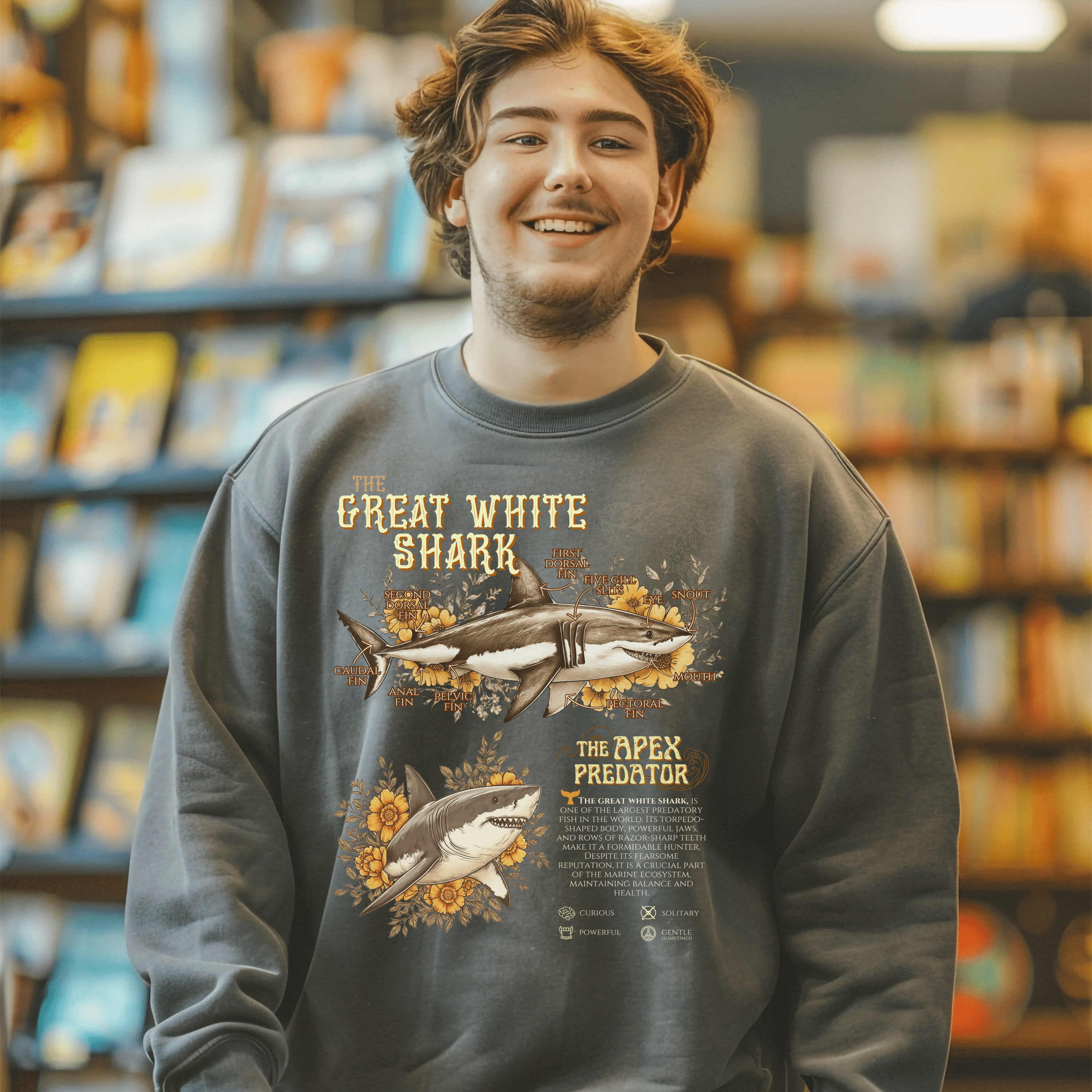 Great White Shark Anatomy Sweatshirt, Vintage Marine Animal Tee, Shark Lover Pullover Gift, Gift For Divers or Biologist - Sweatshirt - Chromatic Safari - Charcoal - S