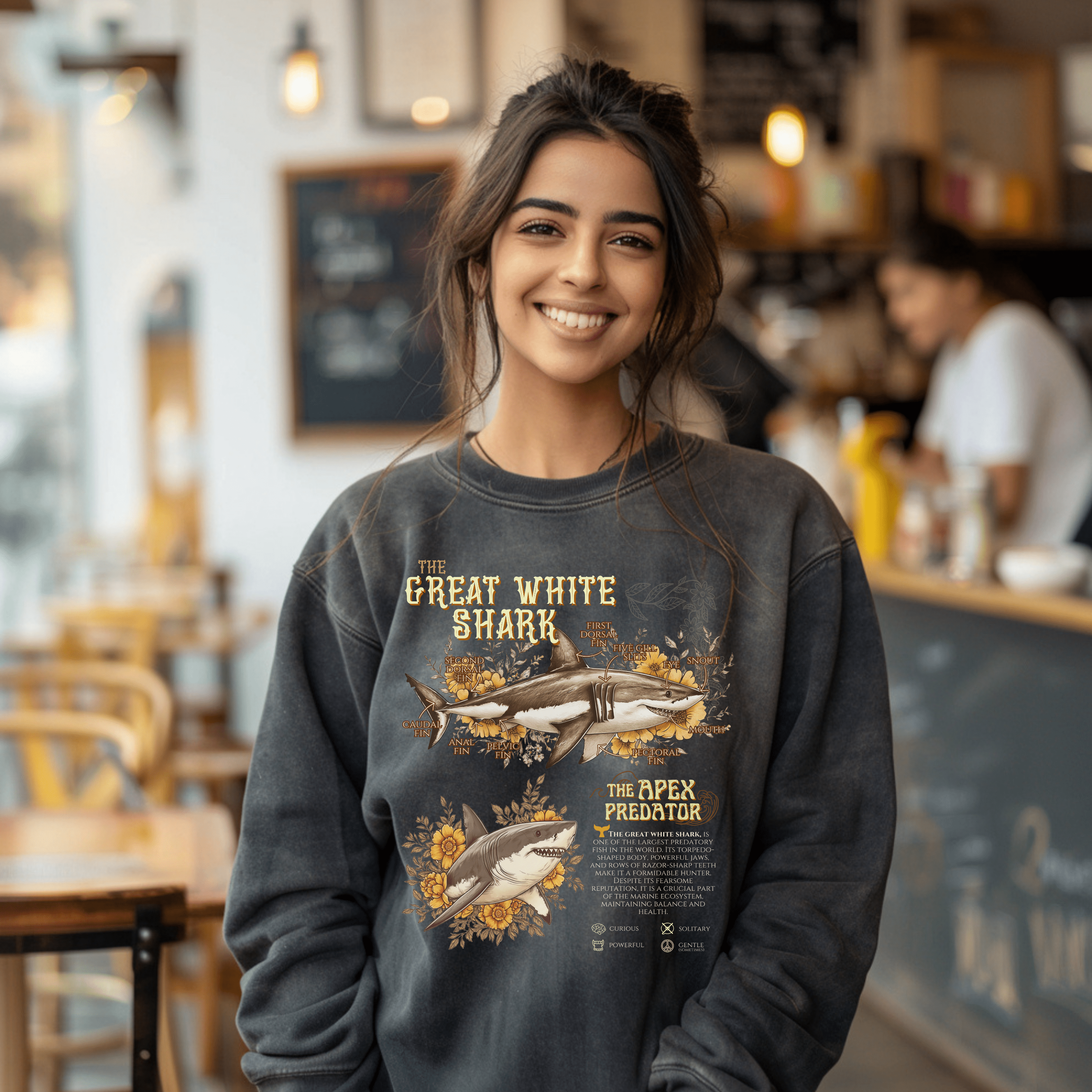 Great White Shark Anatomy Sweatshirt, Vintage Marine Animal Tee, Shark Lover Pullover Gift, Gift For Divers or Biologist - Sweatshirt - Chromatic Safari - Charcoal - S