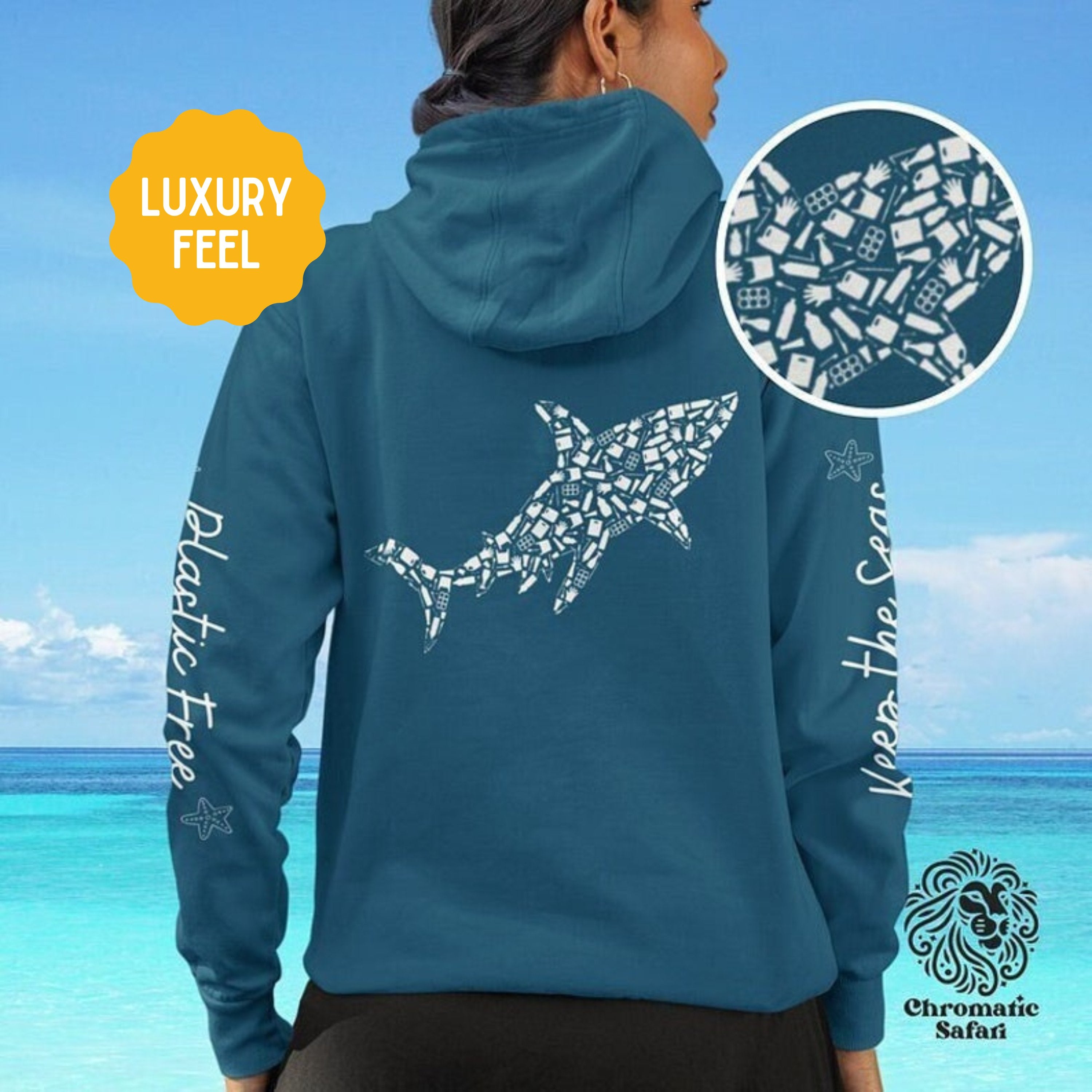 Great White Shark Design Hoodie: Eco-Friendly, Artistic Sweatshirt for Marine Life Enthusiasts, Perfect for Ocean Conservation Supporters - Chromatic Safari - Navy - S