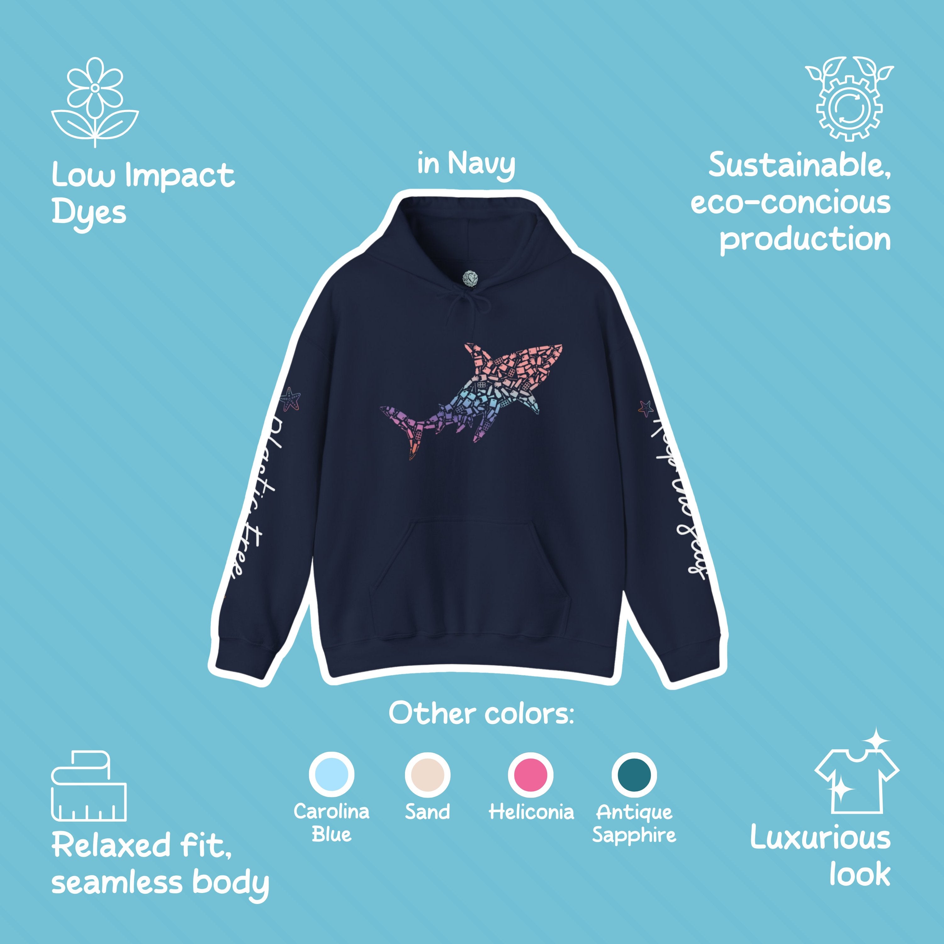 Great White Shark Design Hoodie: Eco-Friendly, Artistic Sweatshirt for Marine Life Enthusiasts, Perfect for Ocean Conservation Supporters - Chromatic Safari - Navy - S