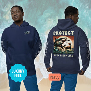 Great White Shark Hoodie for Surfers & Divers | Sweat Shirts | Marine Biologist Approved Comfort Wear | Oceanic Predator Eco Apparel - Chromatic Safari - Navy - S