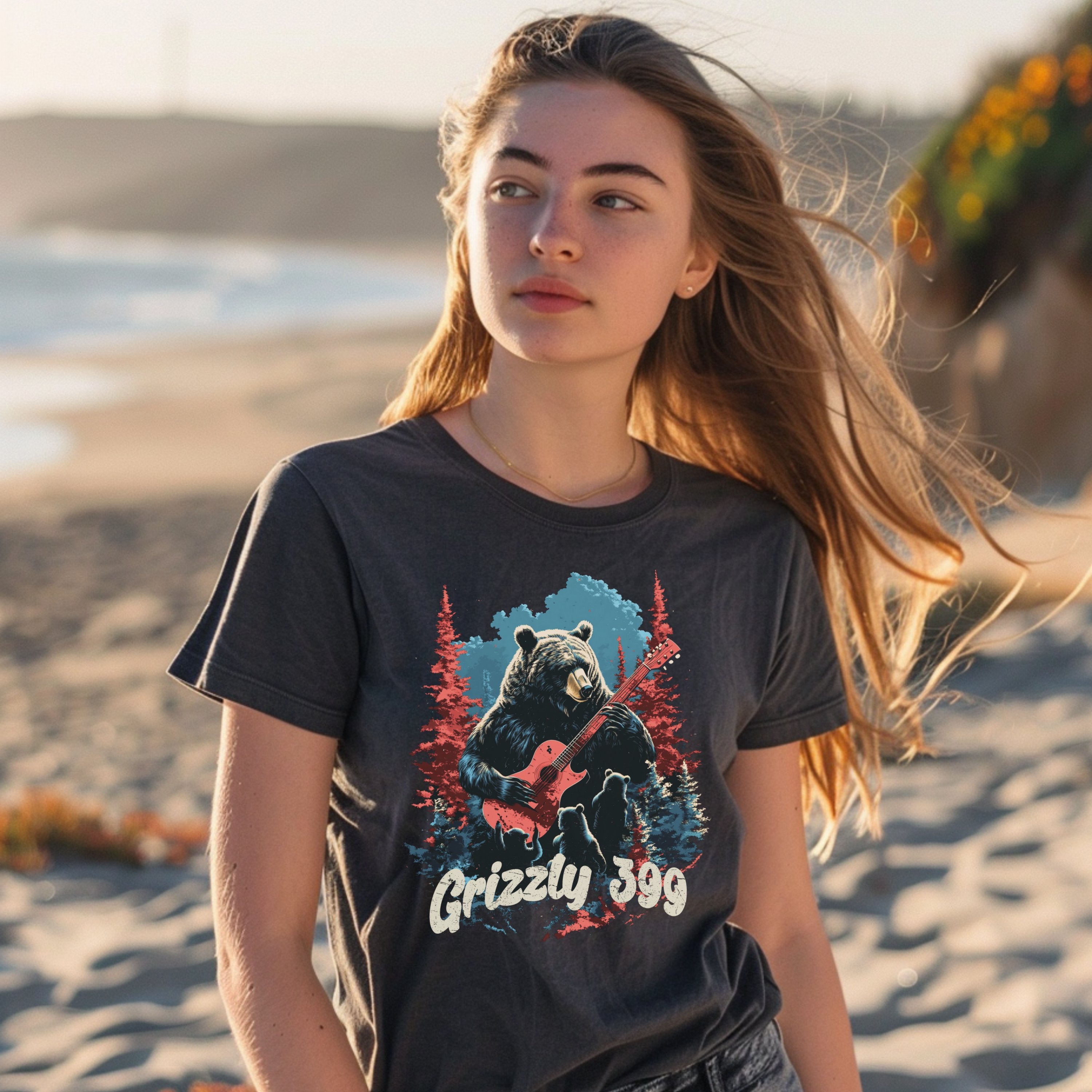 Guitarist Grizzly 399 Mama Bear Vintage Band Shirt, Fun Wildlife Bootleg Shirt, Gift for Bear Lover - T-Shirt - Chromatic Safari - Pepper - S