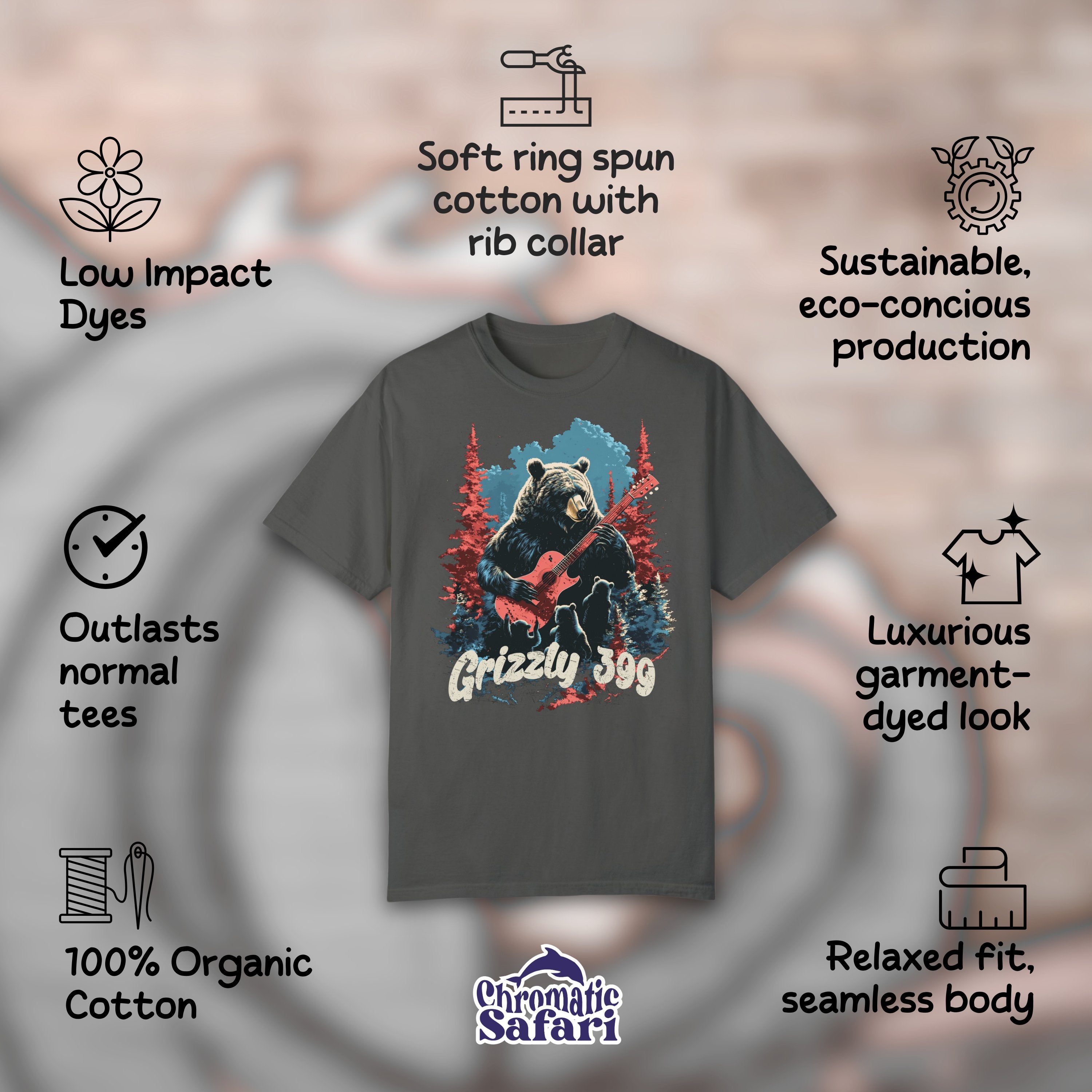 Guitarist Grizzly 399 Mama Bear Vintage Band Shirt, Fun Wildlife Bootleg Shirt, Gift for Bear Lover - T-Shirt - Chromatic Safari - Pepper - S