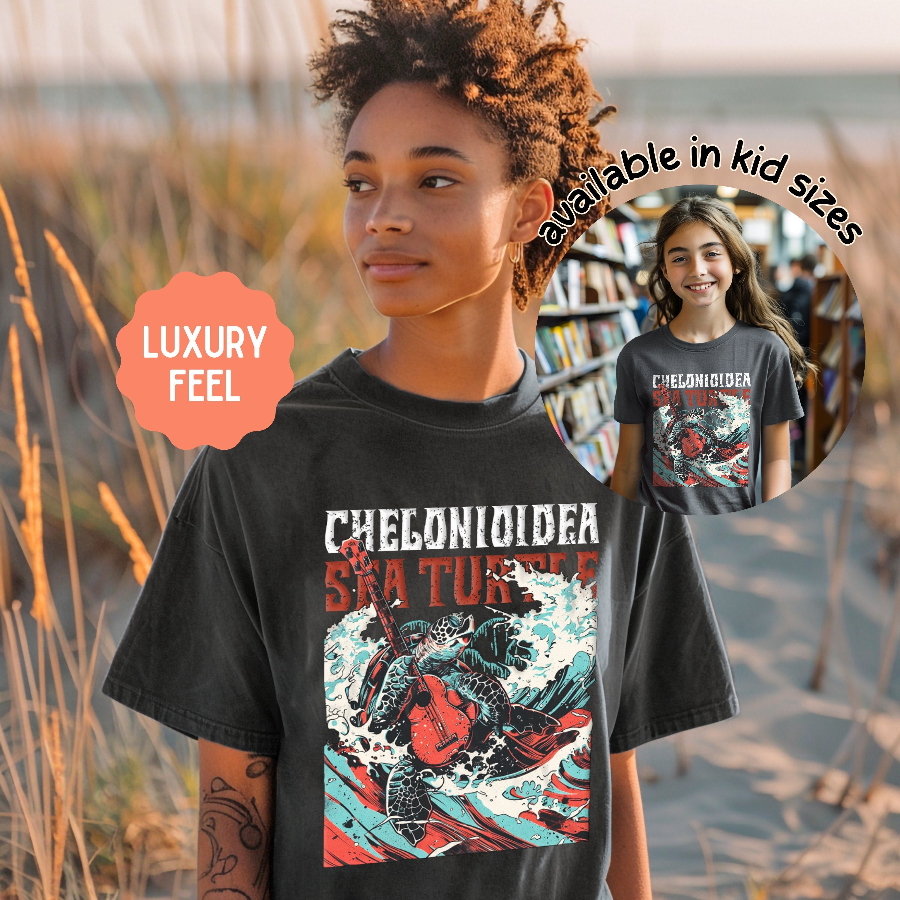 Guitarist Sea Turtle Youth & Adult Band Shirt, Marine Biology Fun Bootleg Shirt, Gift for Kids or Teen - Kids clothes - Chromatic Safari - Pepper - XS