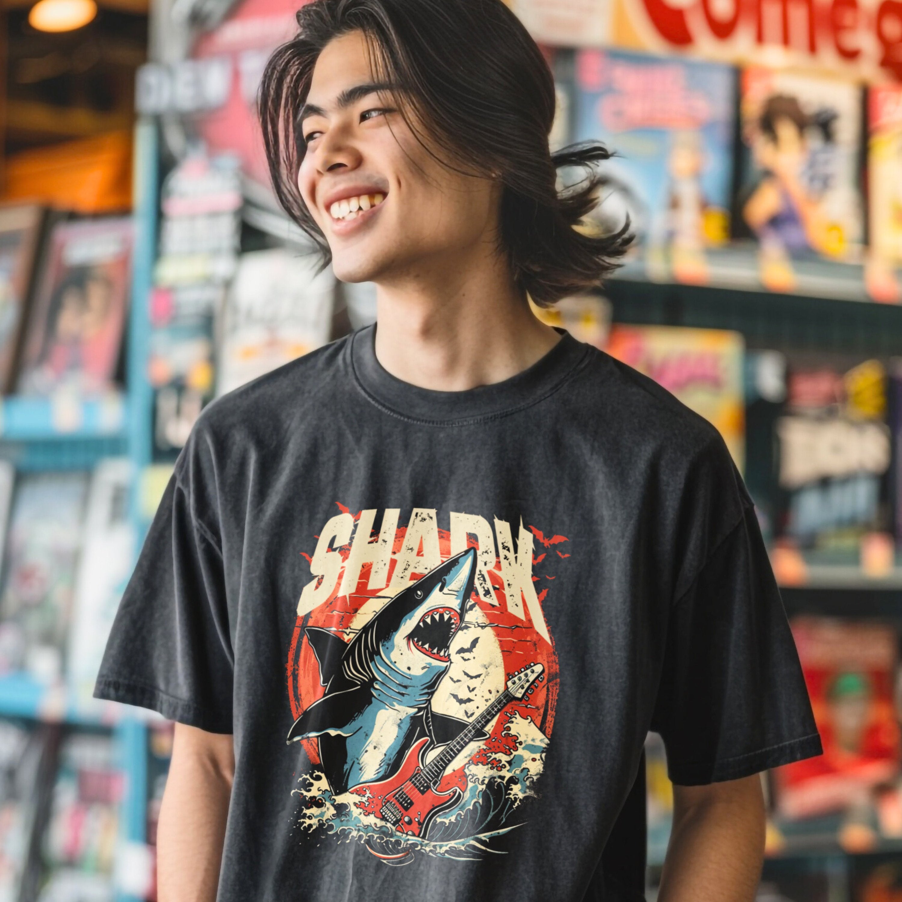 Guitarist Shark Vintage Band Shirt, Marine Biology Fun Bootleg Shirt, Gift for Shark Lover - T - Shirt - Chromatic Safari - Pepper - S
