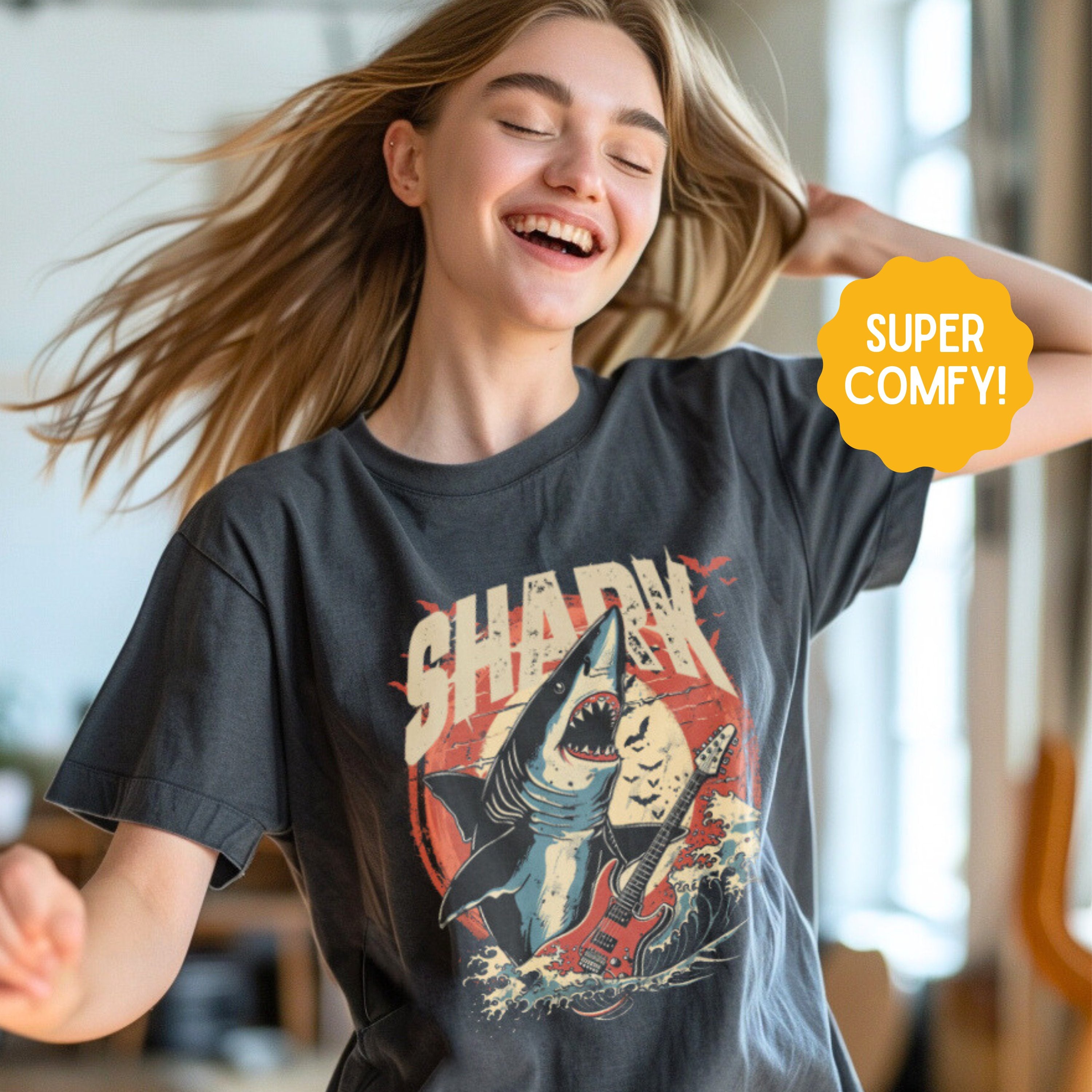 Guitarist Shark Vintage Band Shirt, Marine Biology Fun Bootleg Shirt, Gift for Shark Lover - T - Shirt - Chromatic Safari - Pepper - S